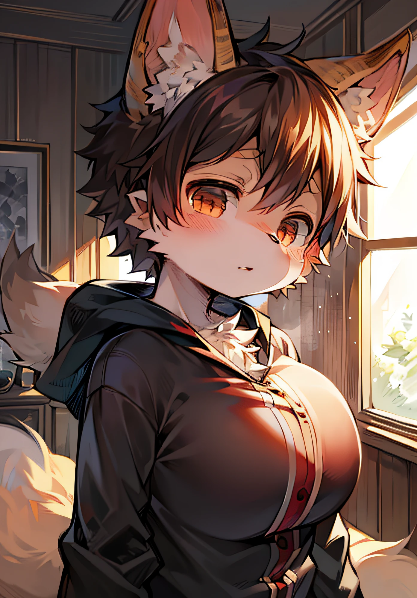 masterpiece,high quality,abstract res,digital painting\(artwork\), by dagasi, yupa,kiyosan,(anthro,fluffy fur,character focus:1.1),anthro male cat,short hair,portrait，Libido boy, Wolf ear tail,Libido boy, anime shading, an anime drawing, as an anime character, anime big breast, in an anime style, Wear clothes, Boys boys！！！，The chest does not protrude，a drawing