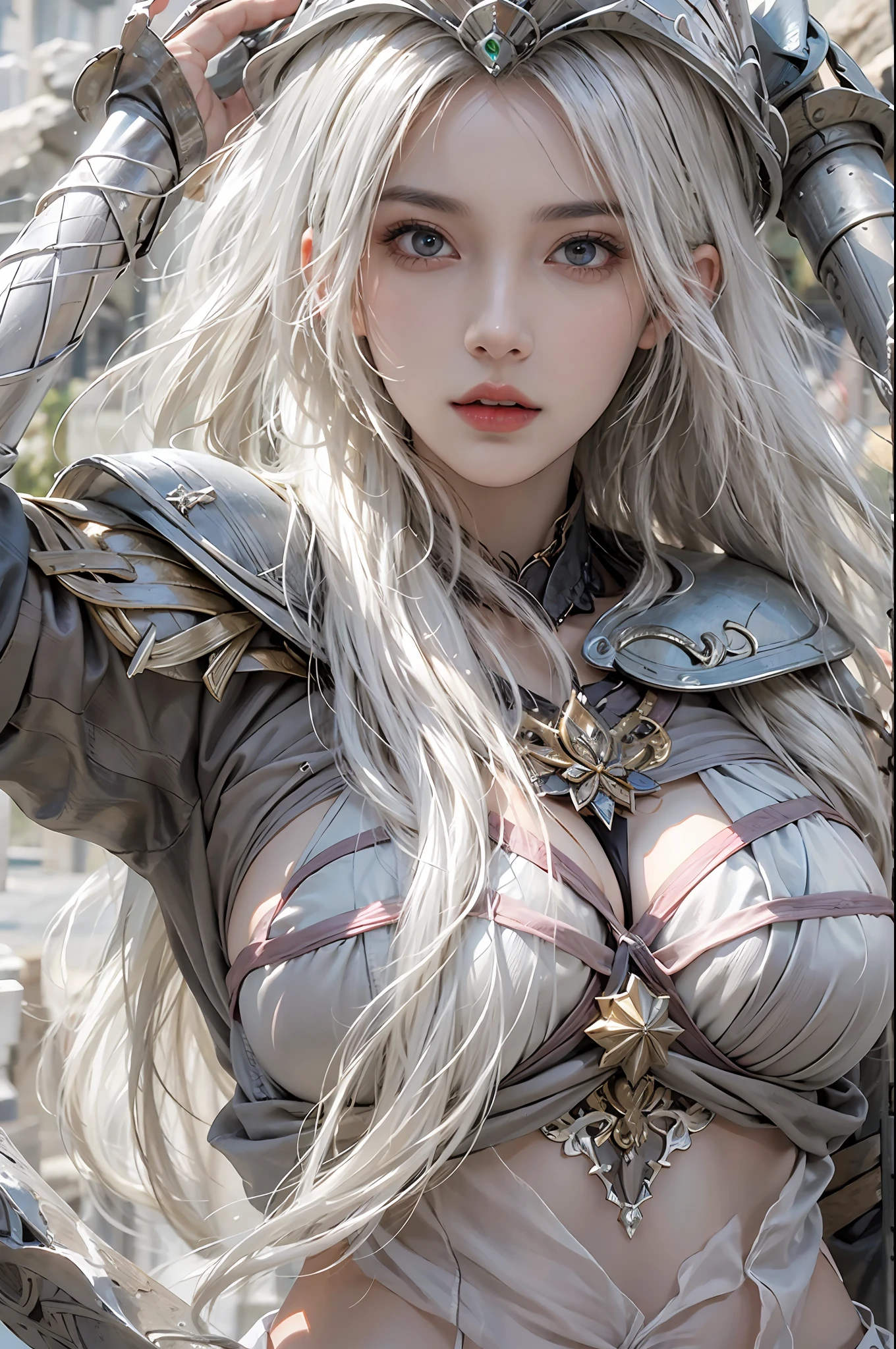 photorealistic, high resolution, 1 woman, hips up, white long hair, beautiful eyes, normal breast, dark souls style, bikini armor