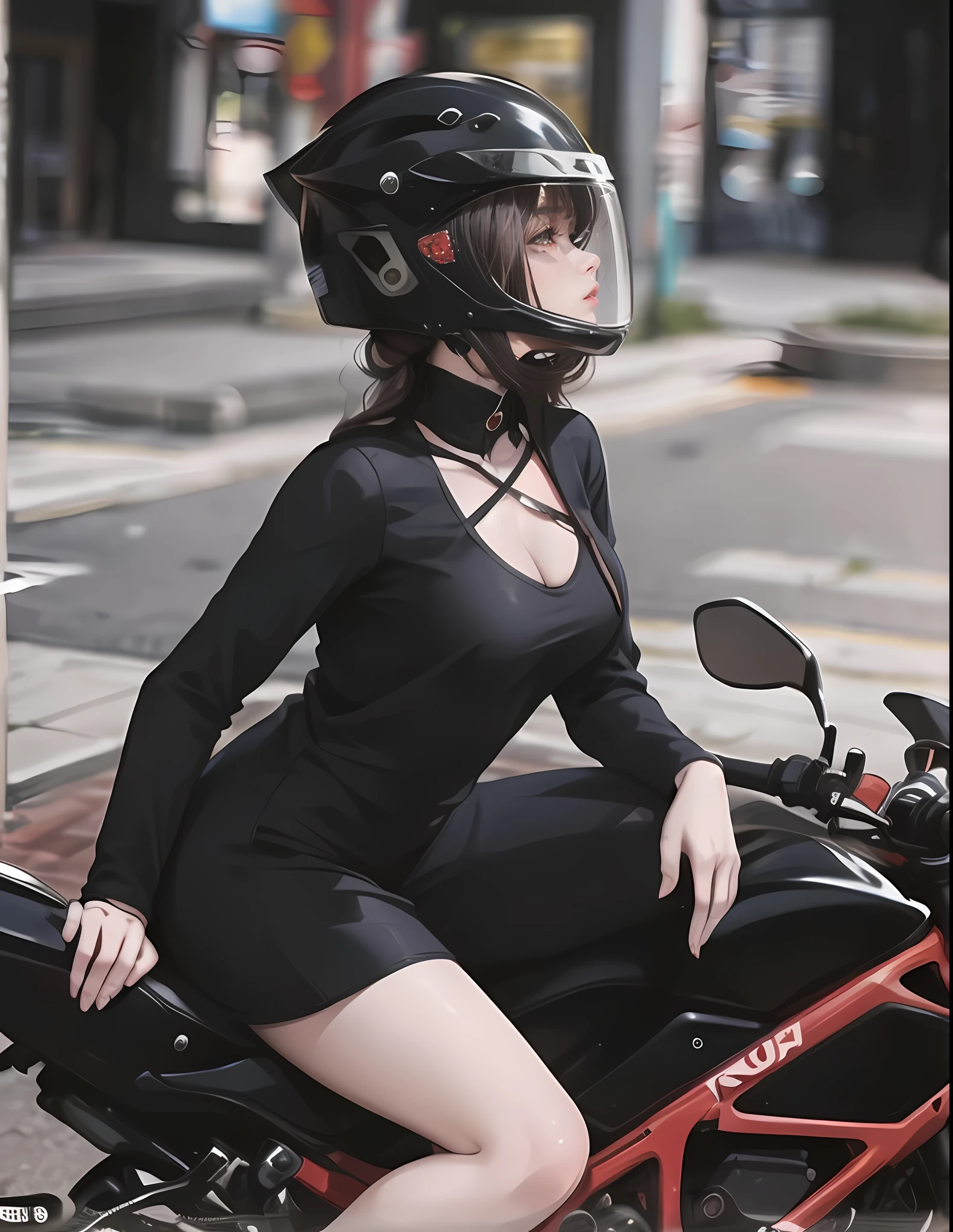Woman in black dress sitting on motorcycle wearing helmet, motorcycle, sitting on cyberpunk motorbike, Guviz, trending on cgstation, Guviz-style artwork, motorbiker, by Yang J, succubus in tight kilt, trending at cgstation, Sexy girl, e - girl, E-Girl, wojtek fus, biker