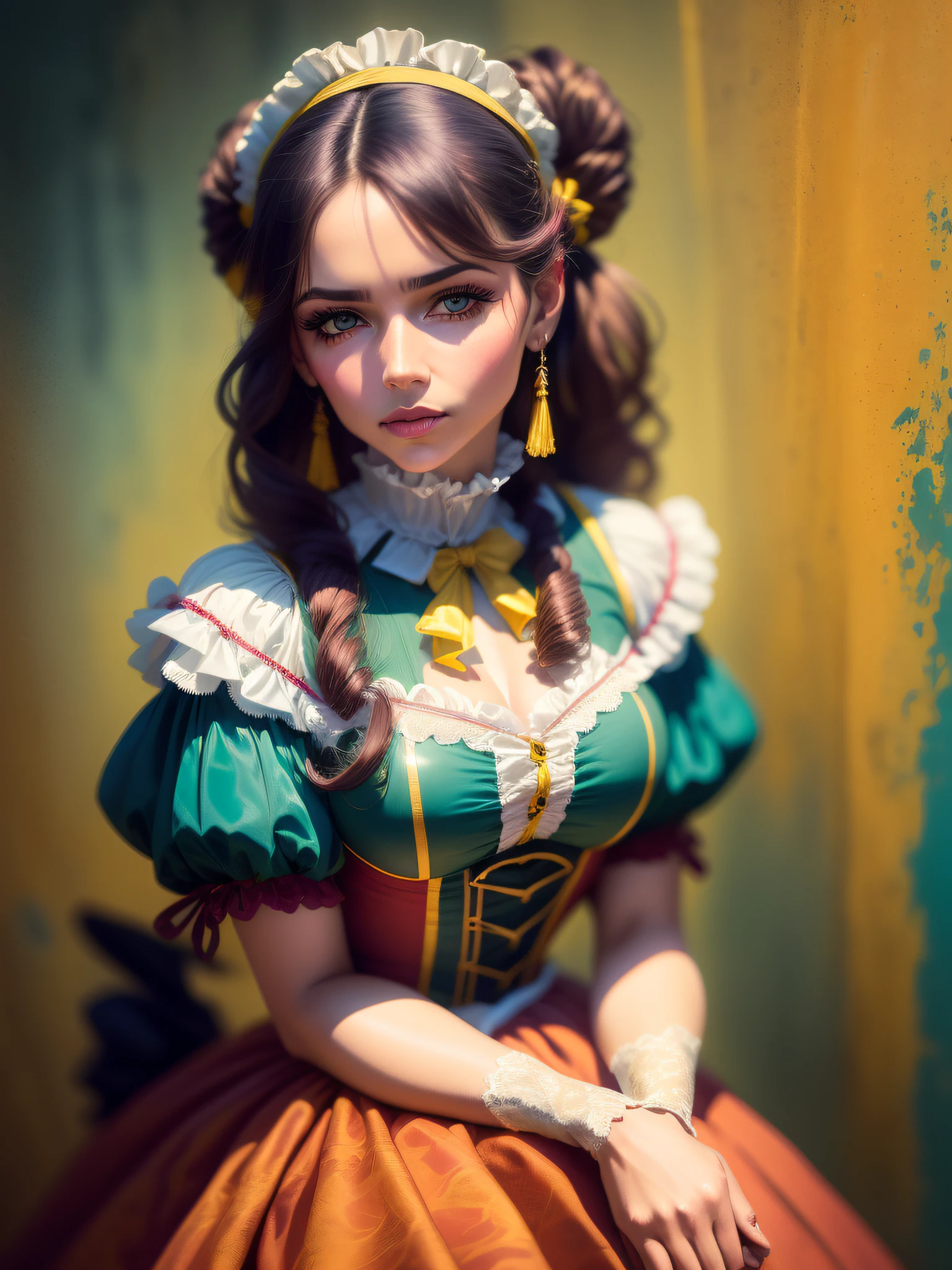 (Mulher bonita com pele clara intrincada), (masterpiece:1.2), looking sideways at the camera, (foco nítido: 1.2), ((wearing a brightly colored 19th century costume)), ((with medium contrast and high saturation)), (Imagem ultra realistica com detalhes intrincados).