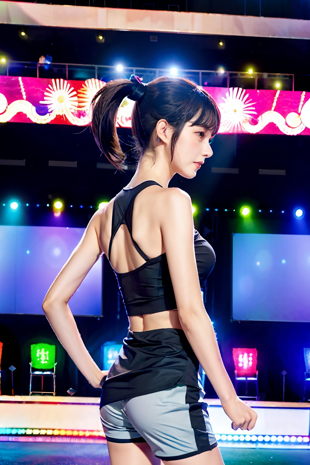 1 girl, (Face the audience:1.8)，Solo, Running, Gray Track Top,plain face ，Pink shorts, pony tails, Liuhai，Athletic figure，Black hair，Dynamic brushstrokes，Smooth movements，Capture the essence of her sportsmanship and energy，Light and pastel tones create a dreamy and ethereal atmosphere，Portrays the movement and elegance of running，The wind blew her ponytail and clothes，and the landscape around her。exteriors，detailed back ground，Modern metropolis，