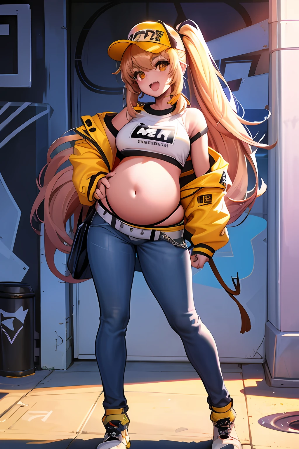 Original role,Volumetriclighting,best shadow,shallowdepthoffield,Portrait of a beautiful girl,petite,Delicate, beautiful and charming face,alluring yellow eyes,Messy painted face,Sharp eyebrows,Hefty Smile,open open mouth,Fangs exposed,Lovely Medium Breast, Layered long double ponytail blonde hair, Blush Eyeshadow, Thick lashes, Applejack hat, Oversized Pop jacket, Mini Underboob Tee, Crop topping, Slim waist, Denim Jeans Pants, Fasten with a buckled belt, In The Graffiti Alley, trash cans, Outside the stairs, Outdoor units,Holding a spray paint can,standing on your feet,(HighestQuali,astonishing detail:1.25),(独奏:1.3),Brilliant and colorful paintings,pregnant belly,Pregnant belly