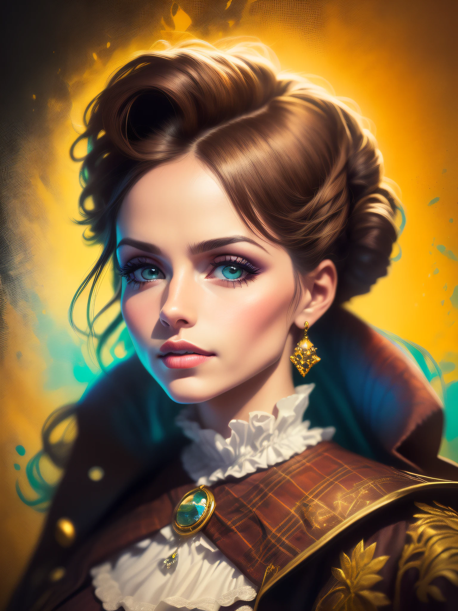 (Mulher bonita com pele clara intrincada), (masterpiece:1.2), looking sideways at the camera, (foco nítido: 1.2), ((wearing a brightly colored 19th century costume)), ((with medium contrast and high saturation)), (Imagem ultra realistica com detalhes intrincados).
