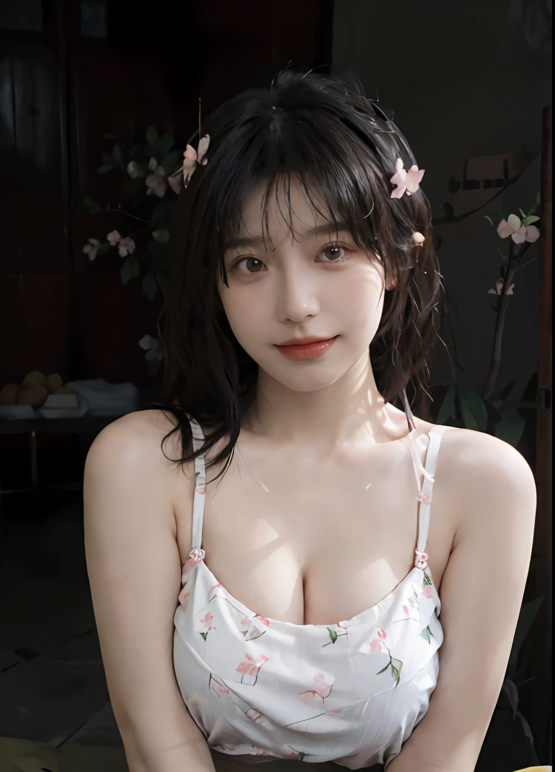 best qualtiy, 超高分辨率, (realisticlying:1.4), one-girl, A pair of clear and moving peach blossom eyes,Royal Sister,(full bodyesbian:1.2)a sense of atmosphere,a beauty girl, ssmile,Castle,(full bodyesbian:1.2) looking at viewert, closeup cleavage ,(Photorealistic:1.4),1girll,Sexy,(Bikini:1.2),(Peach blossom bra:1.2),(Large of breast:1.3),(Upper body:1.4),(Wet body),(:1.2)