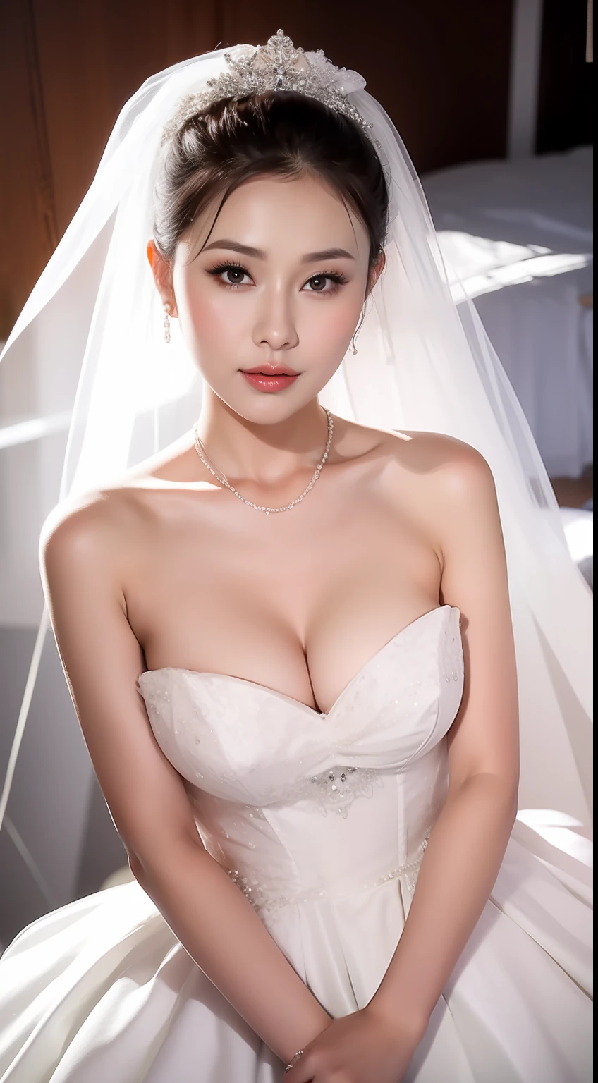 Fashion model 18 years old [[[[closeup cleavage]]]], [[[[boobgasm]]]], [[[[coll]]]], [[[[bshoulders]]]], perfect  eyes, Perfect iris，Perfect lips，perfect teeth，Perfect skin，Long face，Soft front light，hdr，Movie girl,wedding gown，（pastel colour：1.2）