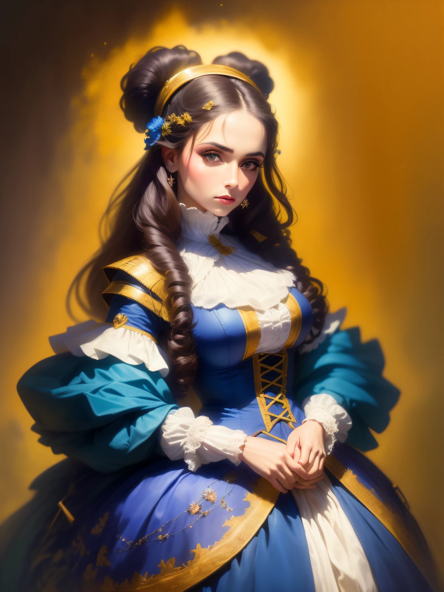 (Mulher bonita com pele clara intrincada), (masterpiece:1.2), looking sideways at the camera, (foco nítido: 1.2), ((wearing a brightly colored 19th century costume)), ((with medium contrast and high saturation)), (Imagem ultra realistica com detalhes intrincados).