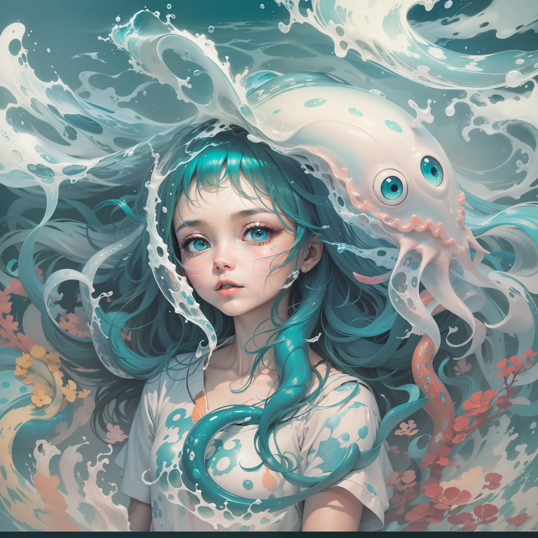 Generate me a composition image of Lumi Okto,The theme is the ocean and blue squid,Simple painting style,clean pictures,There are fewer colors