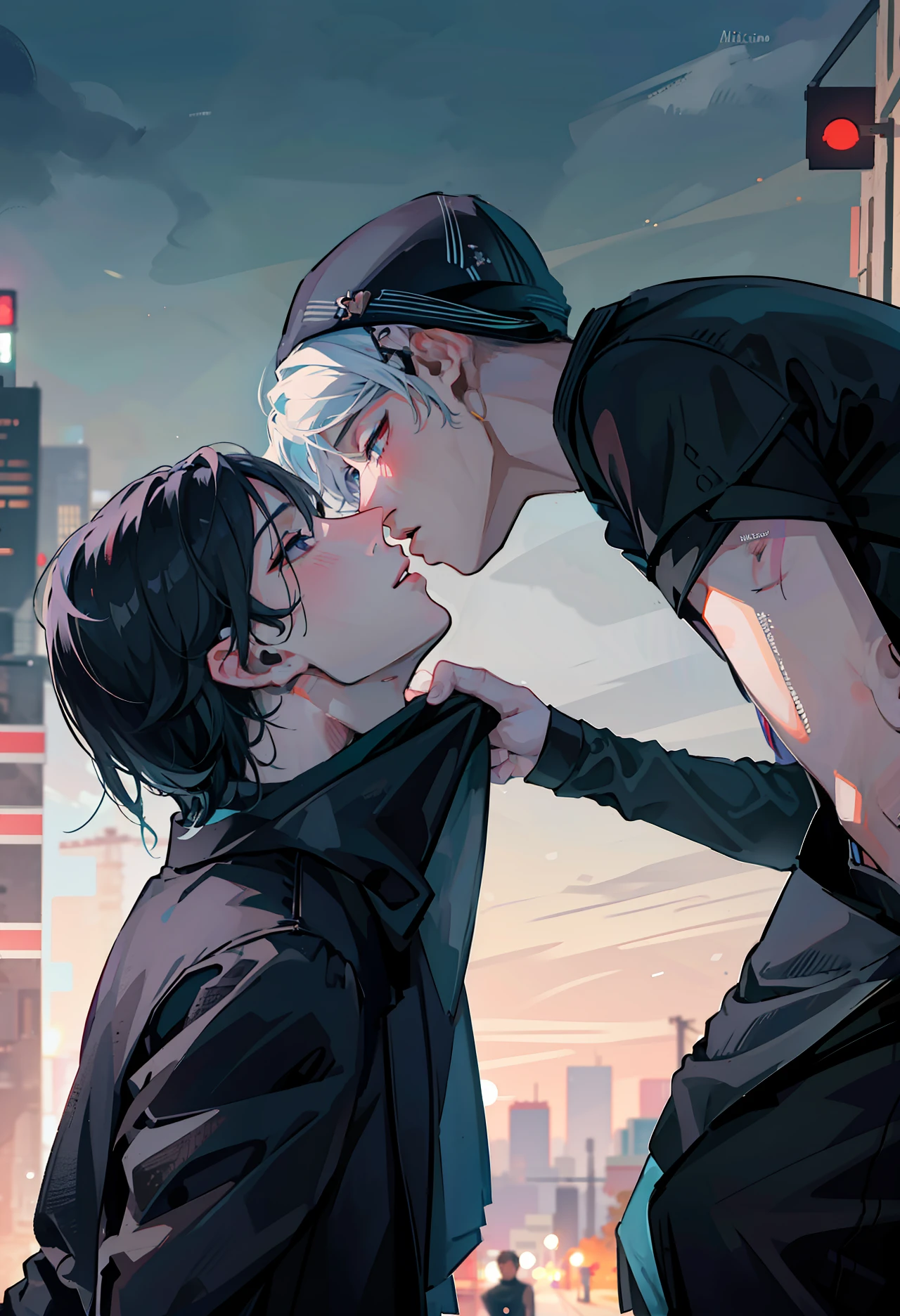 Two nena kissing, men kiss men, black clothes, Wearing black outfit, besándose lindamente, Yaoi, besándose, enfrentándose, besándose juntos, in love, Taejune, besándose boca a boca, chico rubio y chico pelirrojo, (((masterpiece))), artstation style, anime, boyslove, two boys, two mans, boys love, homosexual, 4k,8k,16k,uhd, shorts hair, city landscape, city lights in the background