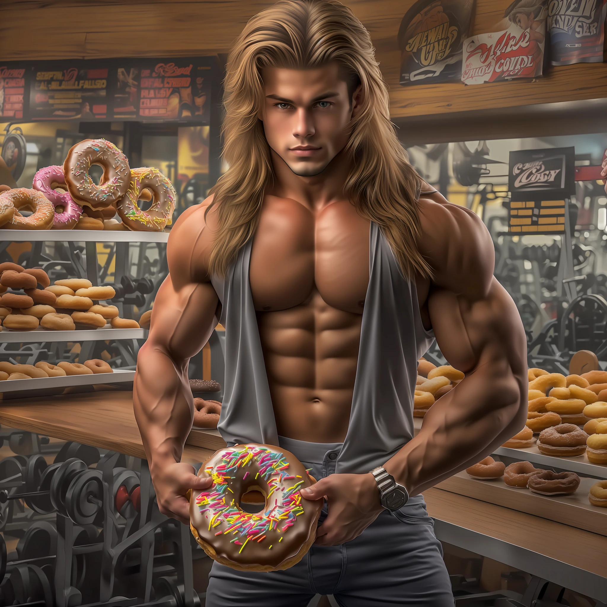 An 18-year-old boy bodybuilder, embodying the perfect fusion of Joey Lawrence and Cody Calafiore with long hair, exuding an aura of strength and confidence. Enhanced with HDR technology, this image depicts a true masterpiece, 4K resolution, donut shop