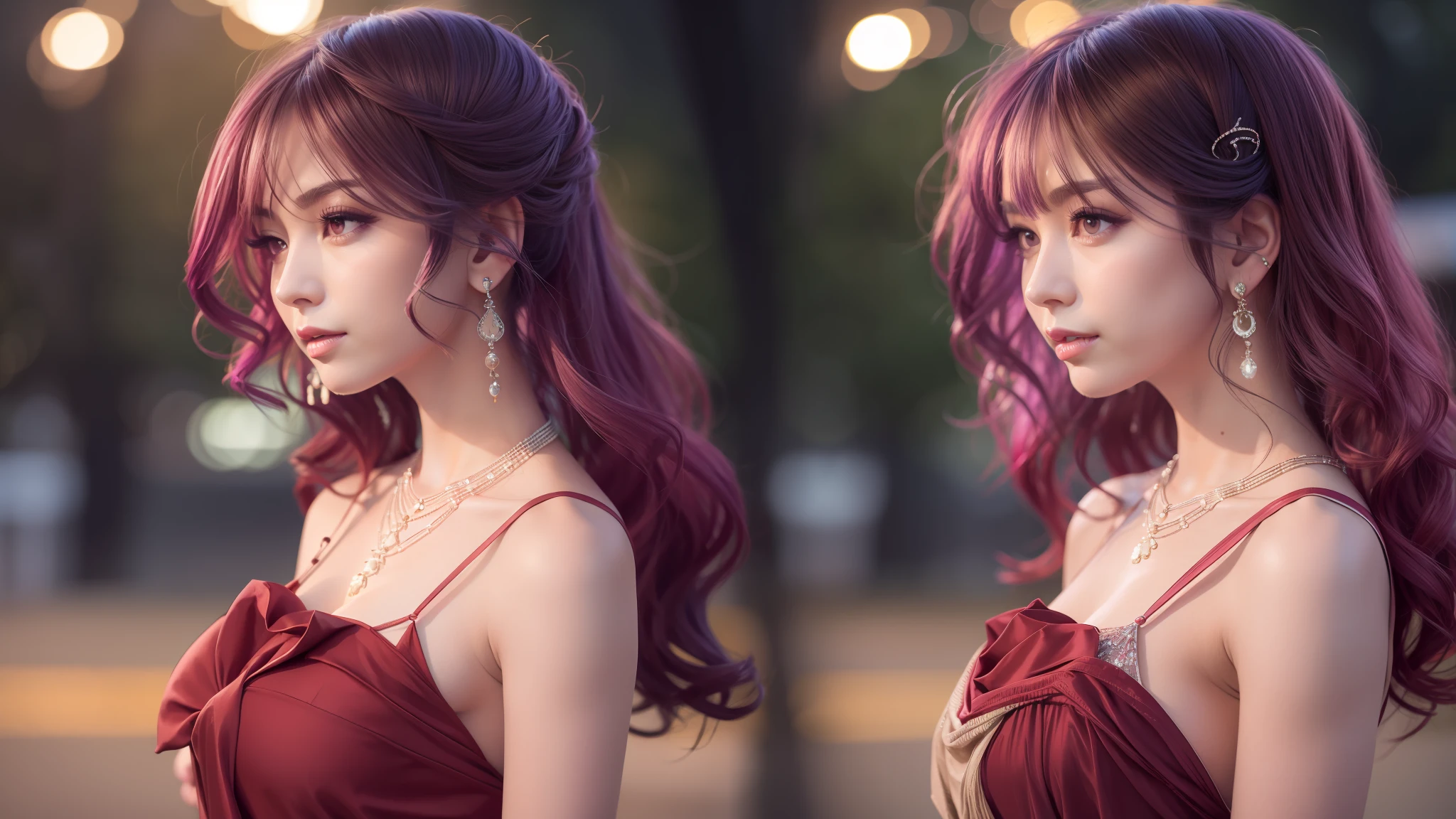 Two girls standing in the park at night,Clear sky in the background. Park benches and soft lighting, Rear photo, (Side photography), looking back at the viewer, (Masterpiece), ((Ultra-detailed)), (Highly detailed), (Expressionless), (Best quality: 1.2), 8K, hdr, A high resolution, absurderes: 1.2, Object perspective, Blurred background, Bokeh: 1.1, Lens flare, (vivd colour: 1.2), High quality texture, Detailed texture, High-quality lighting and shadows, a face with perfect proportion, full bodyesbian, Mature and excited body, Detailed skin texture, vibrant, pale and radiant skin, natural saggy breasts, gigantic bosom: 1.5, High waist, Narrow waist: 1.3, Wide hips, Full buttocks, Detailed beautiful face, (PureErosFace_V1:1.3)(Ulzzang-6500:0.4) Detailed beautiful eyes, Symmetrical eyes, Perfect eyes, Seductive eyes, Beautiful nose, High nose, Clear blush, Detailed lips, Earrings, hoop earings, necklace, jewelry, Sapphire heart necklace, Silver-toned high-heeled sandals, Seductive expression, Smile, Perfect hands, Delicate and beautiful fingers, Detailed beautiful legs, photo-realistic hair, detailed hairs, (Silver dress, Red dress, Blue dress), Chisato Nishiki, Long hair, Blonde hair, (Red eyes: 1.5), Hair ribbon, Bob cut, Red hair ribbon,),gigantic cleavage breasts,Japan goddess,Blush,2 goddesses,Kissing on the road,