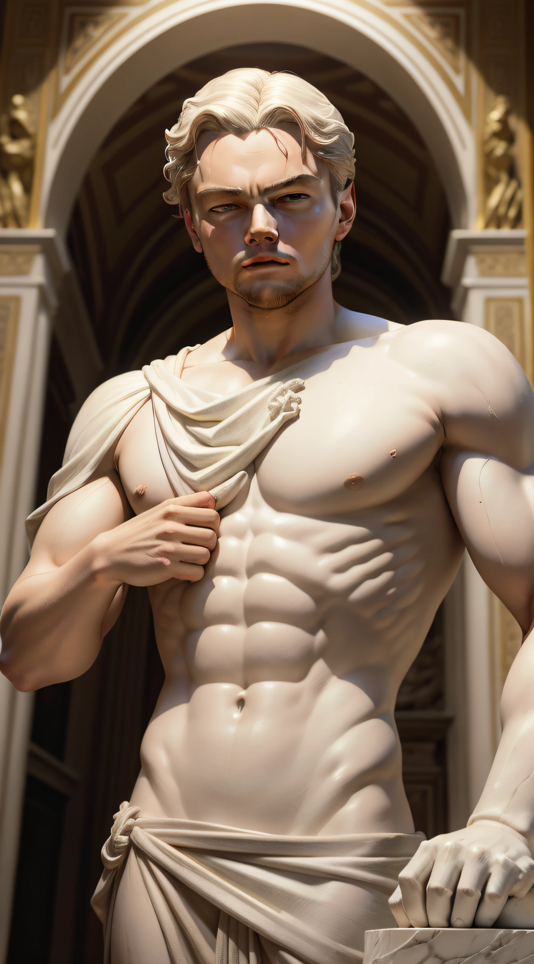 "retrato, realista, fotorrealista, Leonardo DiCaprio as white marble statue, Elegant pose like famous ancient Roman statues."