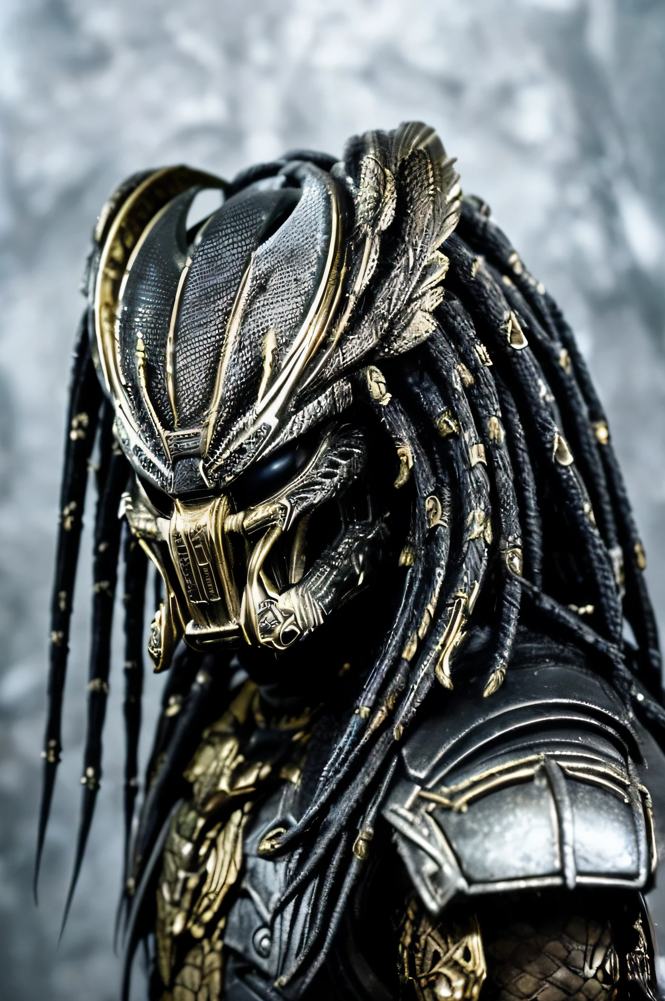 a close up of a predator predator with a helmet on, the predator, predator alien, predator, predator eyes, apex predator, predator movie, hard predatory look, predator film, intricate armor details, high detail iconic character, photogenic details on armor, from the movie predator 1987, cinematic close-up bust shot, cinematic closeup!!, incredible sharp detail