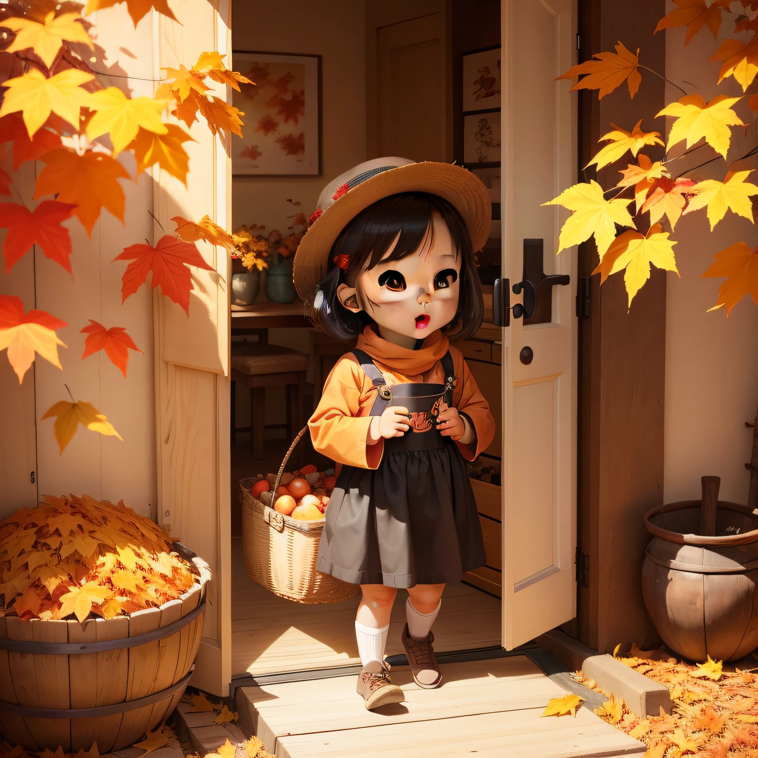 In this autumn season，We bring you a poster with the theme of autumn solar terms，Featuring cartoon characters，Creative and childlike。In this poster，You can see a cute cartoon character，Wearing autumn clothes，Holding a basket of harvested fruits in his hand。Behind the cartoon character is a golden maple leaf，It brings you the colors and breath of autumn。The facial expressions of cartoon characters are lively and lively，And with just the right color matching，Enhanced this autumn solar term theme，At the same time, it also brings a pleasant mood。The background of the poster is also designed to be interesting，You can see ripe fruits and intriguing fallen leaves，Create warmth、Harvest atmosphere。This poster shows both the theme of autumn，It is also full of childlike creativity，It makes you feel a sweet and pleasant mood，At the same time, it also brings unique artistic value。