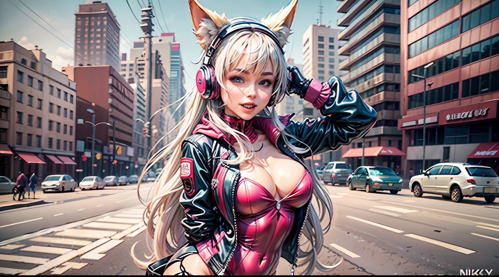 (RAW photo, best quality, masterpiece:1.2), (realistic, photo-realistic:1.4),(masterpiece:1.4),(best quality:1.4),1girl, solo, :d, animal ear headphones, animal ears, arms up, bangs, blush, bodysuit, breasts, bunny pose, clothes writing, covered navel, cowboy shot, cropped jacket, fake animal ears, gloves, outdoor,morning,snow, hair intakes, headphones, impossible bodysuit, impossible clothes, jacket, large breasts, latex, latex bodysuit, long hair, long sleeves, looking at viewer, large breasts, multicolored gloves, open mouth, pink bodysuit, pink eyes, red eyes, red jacket, shiny clothes, shrug \(clothing\), sidelocks, skin tight, smile, thigh gap, thighs, twintails, very long hair, white gloves, white hair,alice \(nikke\),(shiny skin),realistic,