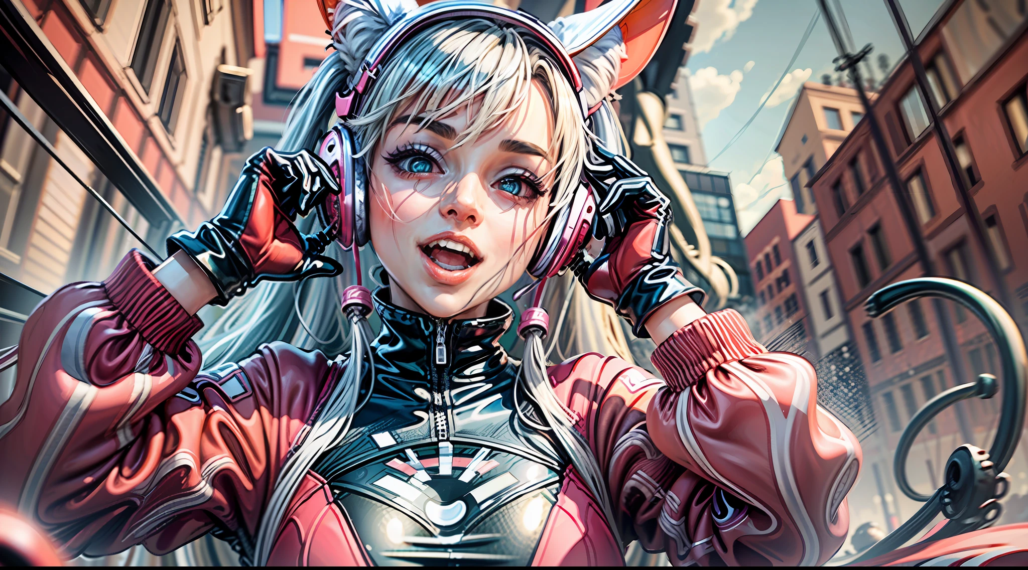 (RAW photo, best quality, masterpiece:1.2), (realistic, photo-realistic:1.4),(masterpiece:1.4),(best quality:1.4),1girl, solo, :d, animal ear headphones, animal ears, arms up, bangs, blush, bodysuit, breasts, bunny pose, clothes writing, covered navel, cowboy shot, cropped jacket, fake animal ears, gloves, outdoor,morning,snow, hair intakes, headphones, impossible bodysuit, impossible clothes, jacket, large breasts, latex, latex bodysuit, long hair, long sleeves, looking at viewer, large breasts, multicolored gloves, open mouth, pink bodysuit, pink eyes, red eyes, red jacket, shiny clothes, shrug \(clothing\), sidelocks, skin tight, smile, thigh gap, thighs, twintails, very long hair, white gloves, white hair,alice \(nikke\),(shiny skin),realistic,