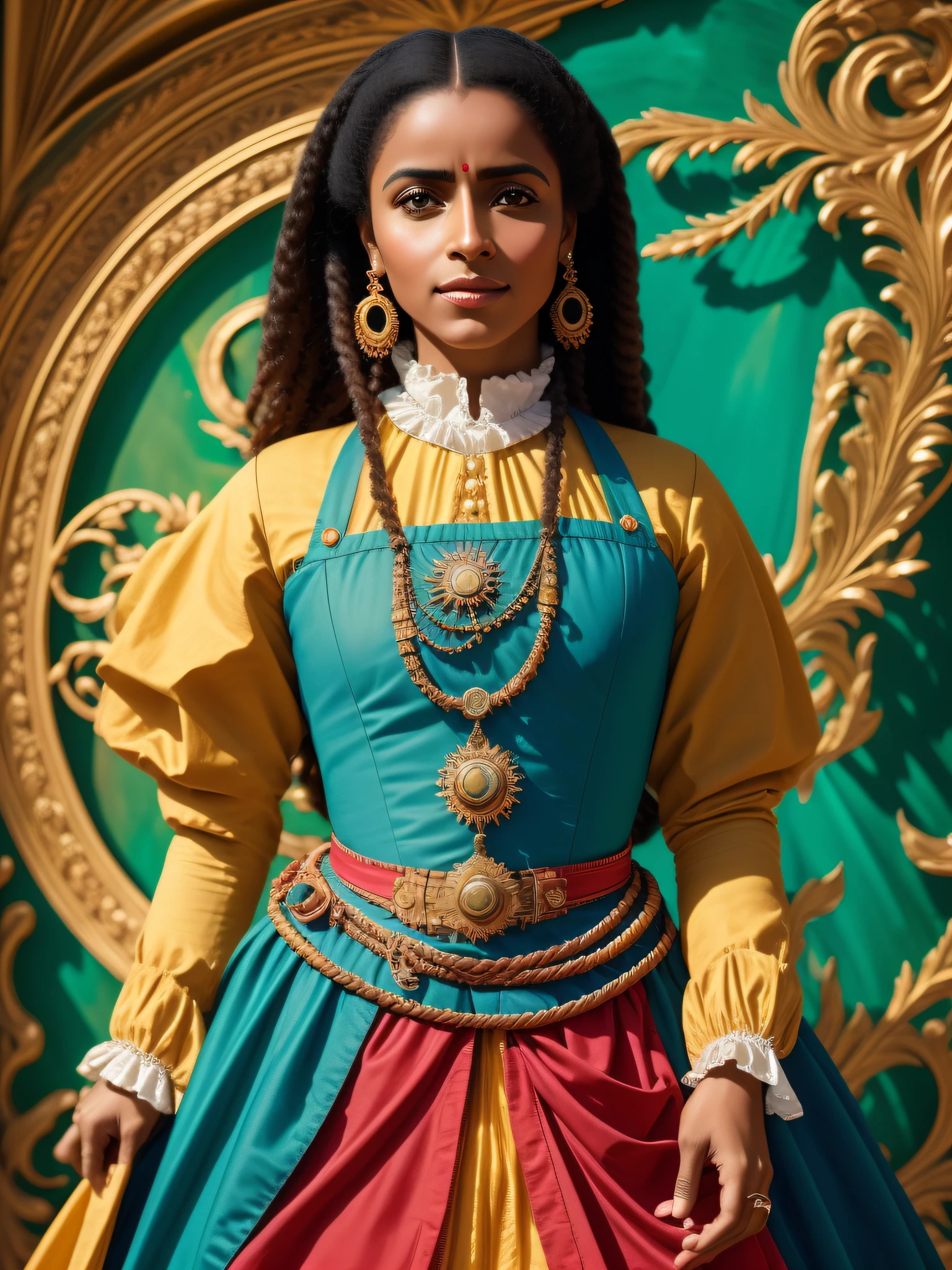 Mulher bonita com pele clara intrincada, com 20 anos de idade, (master part:1.2), rosto altamente detalhado, Looking sideways at the camera, (foco nítido: 1.2), ((seios pequenos expostos:1.2)), (( wearing an 18th century outfit with bright colors)), ((with medium contrast and high saturation)), (Imagem ultra realistica com detalhes intrincados).