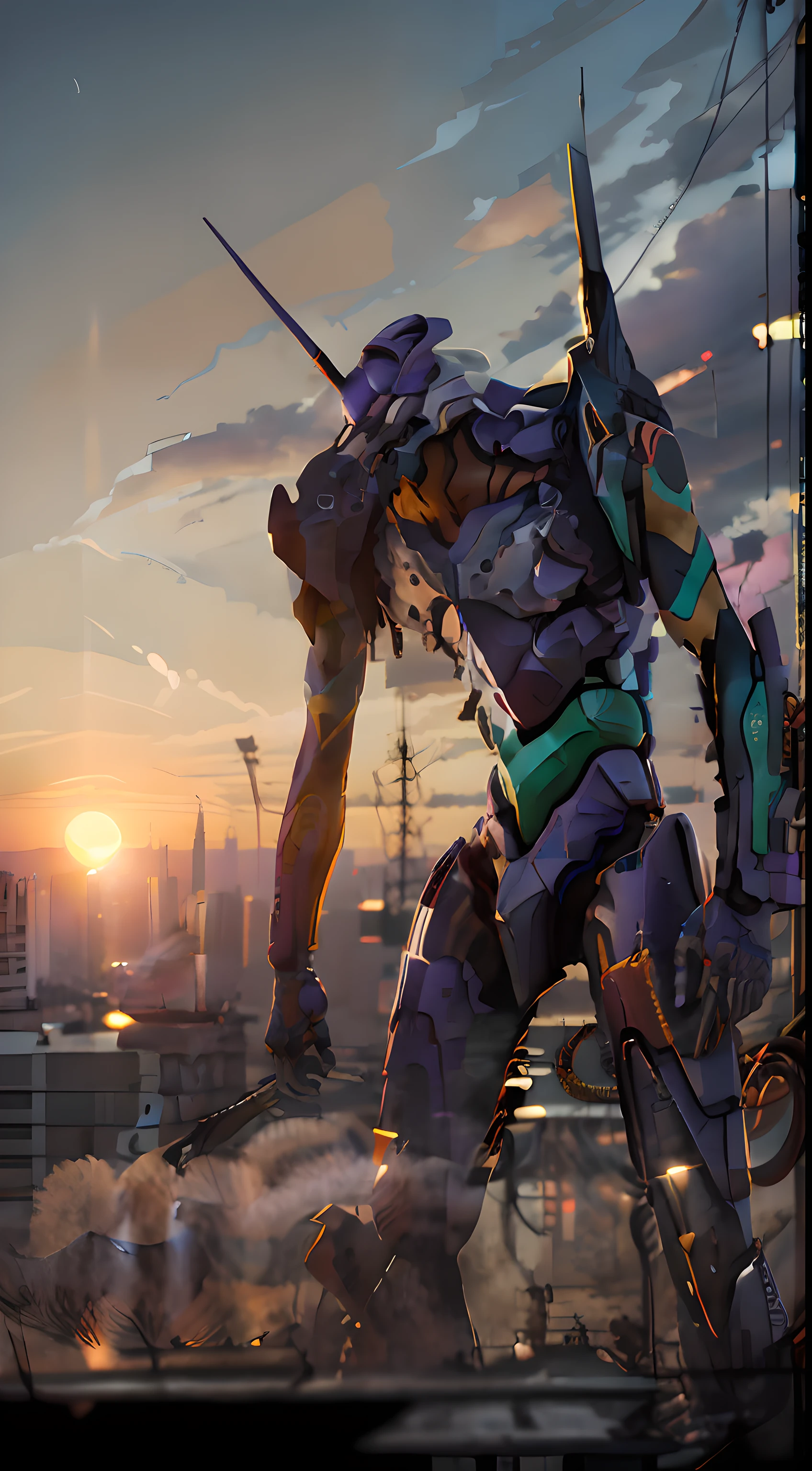 eva01,Stand up，Sunset background，urban backdrop，depth of fields，etchings，8K，最好质量