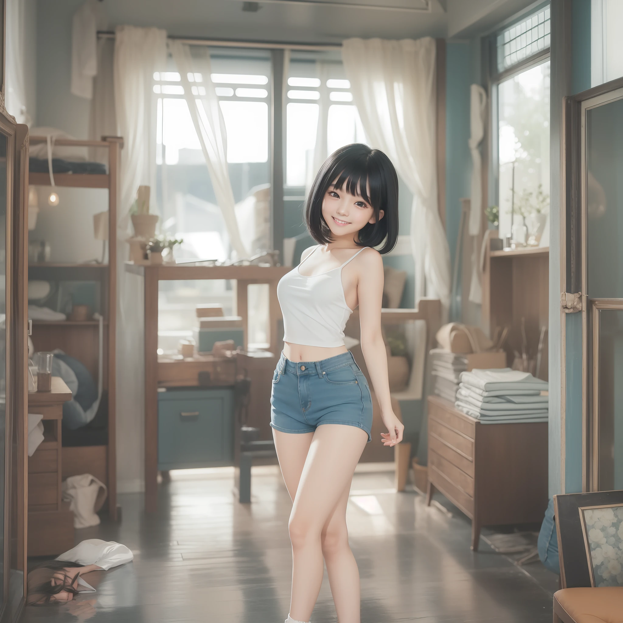 With the best image quality、age girl standing in room。((Black Hair Bob Hair))、Cute smile with mouth closed.。(tiny chest)、White camisole、Denim panties