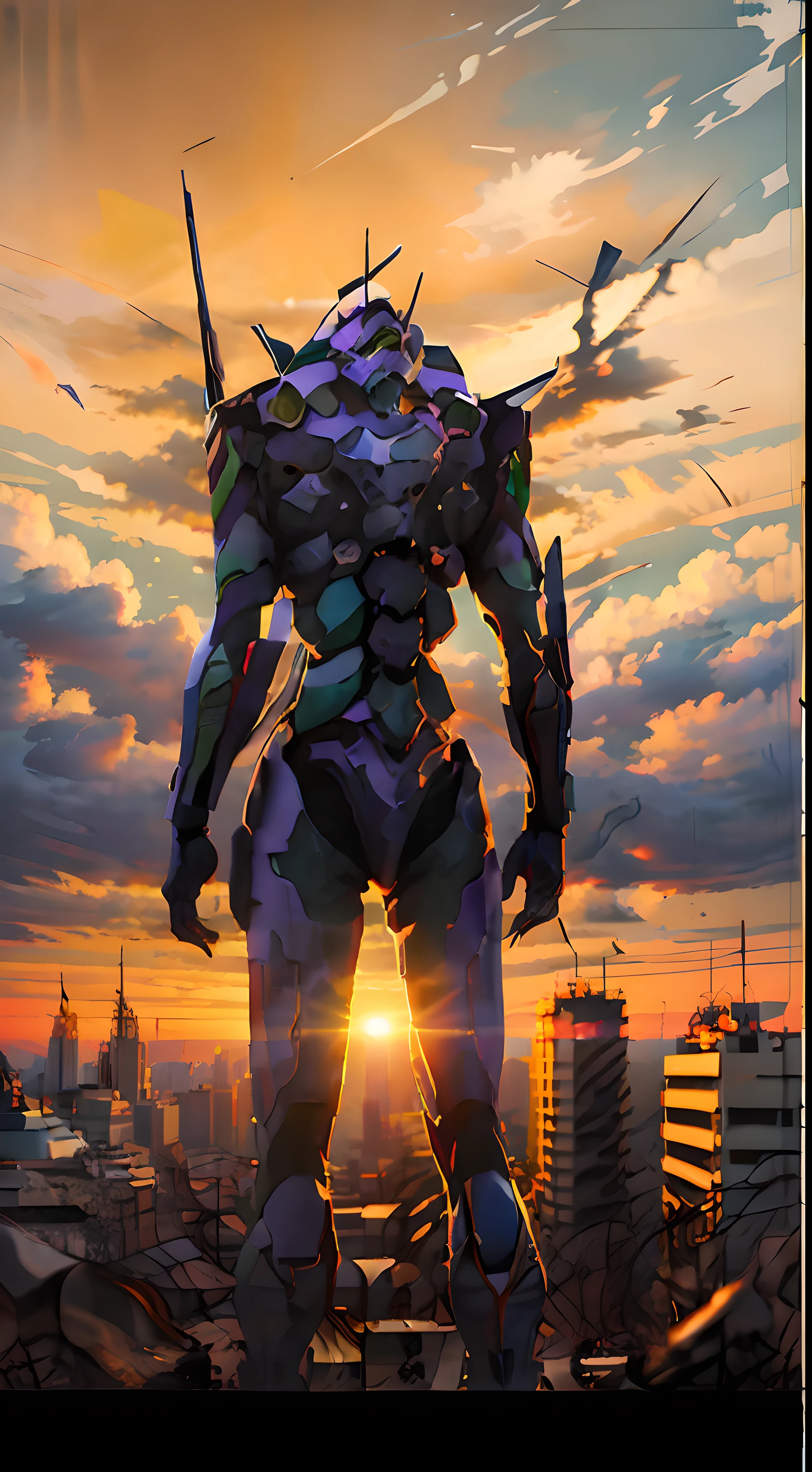 eva01,Stand up，Sunset background，urban backdrop，depth of fields，etchings，8K，最好质量