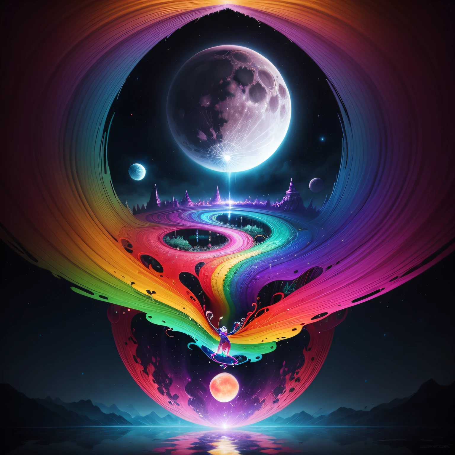 In a surreal and psychedelic realm, a kaleidoscope of vibrant colors swirls around an anthropomorphic moon playing a cosmic guitar. Celestial creatures dance on floating islands, and a rainbow waterfall cascades upwards. Reality bends in this mind-bending dreamscape