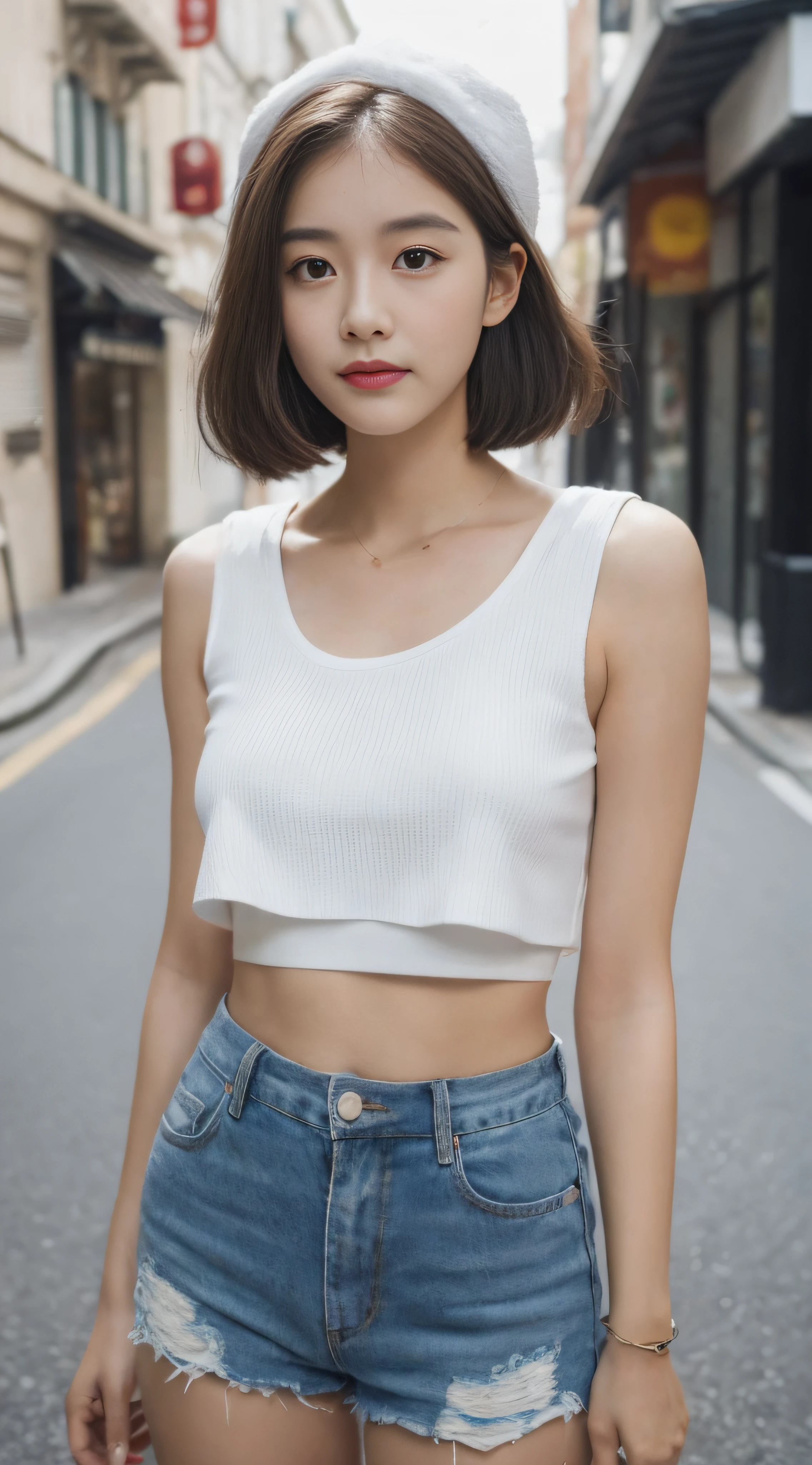 ((Best Quality, 8K, Masterpiece: 1.3)), (Flower Cap: 1.3), Focus: 1.2, Perfect Body Beauty: 1.4, Buttocks: 1.2, (Layered Haircut: 1.2)), (Dark Street: 1.3), Highly Detailed Face and Skin Texture, Full Body, Delicate Eyes, Double Eyelids, Whitened Skin, Long Hair, (Round Face: 1.5), (Loose Crop Top, Shorts: 1.6)