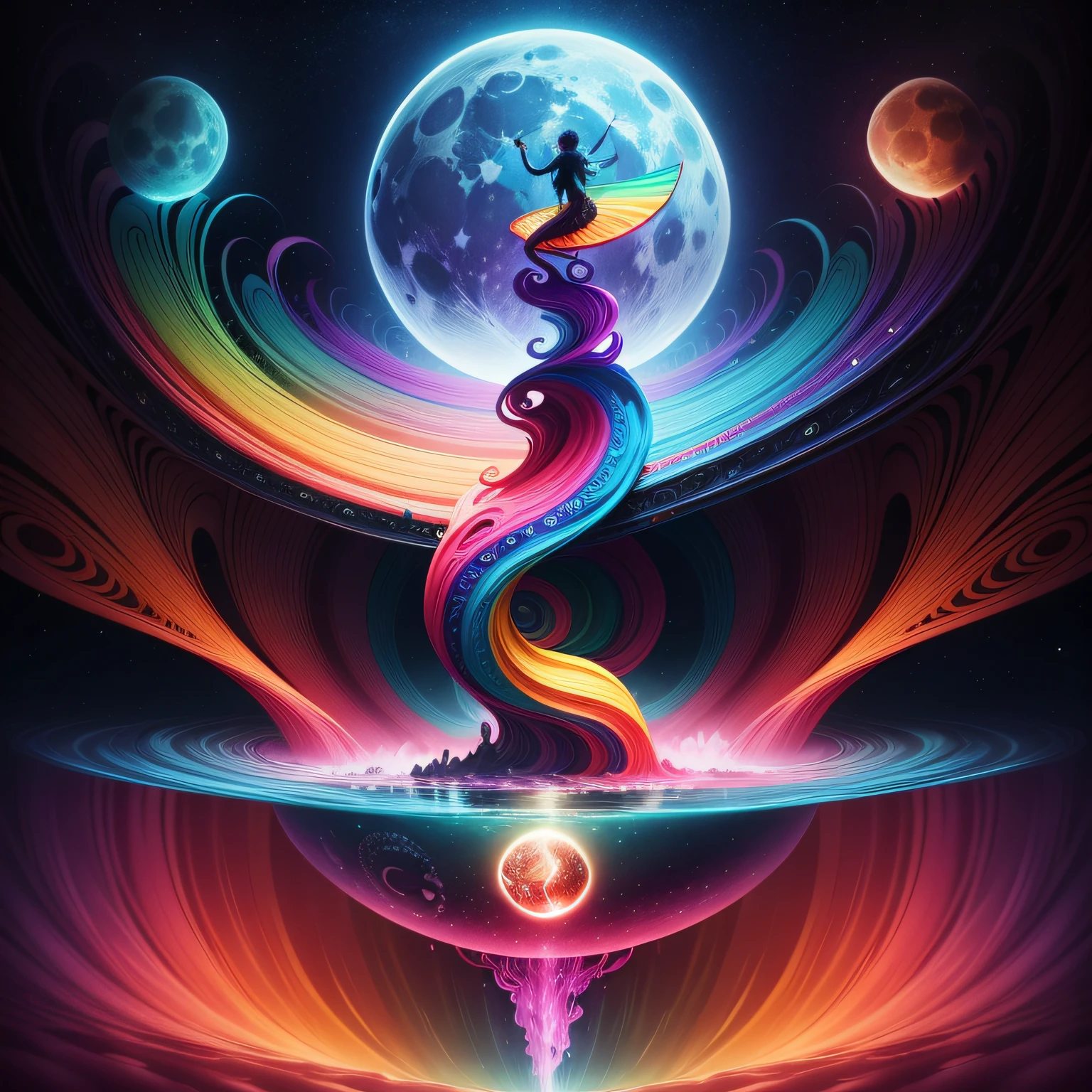 In a surreal and psychedelic realm, a kaleidoscope of vibrant colors swirls around an anthropomorphic moon playing a cosmic guitar. Celestial creatures dance on floating islands, and a rainbow waterfall cascades upwards. Reality bends in this mind-bending dreamscape
