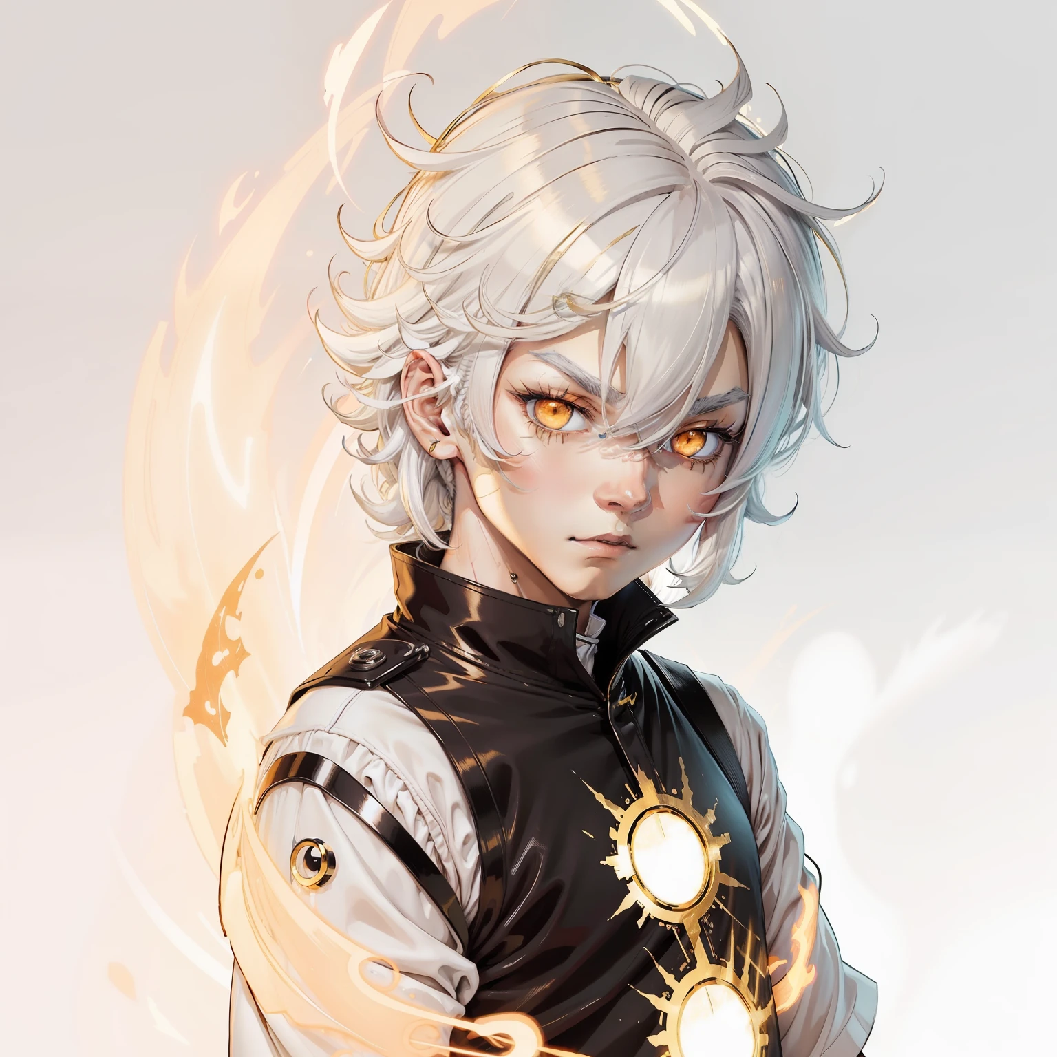 anime boy , white hair , gold eyes , fred flames
