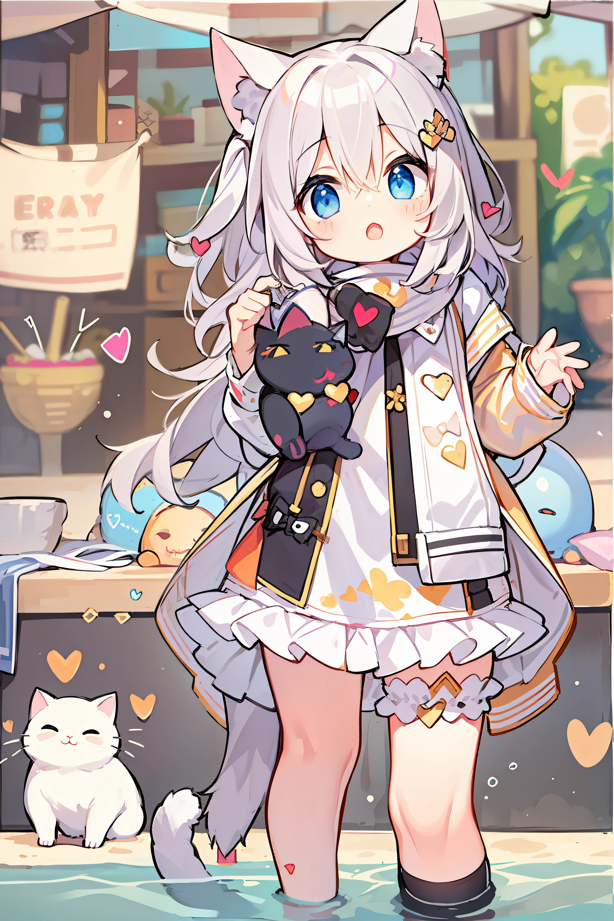 Anime girl with cat ears and a dress and a cat - SeaArt AI