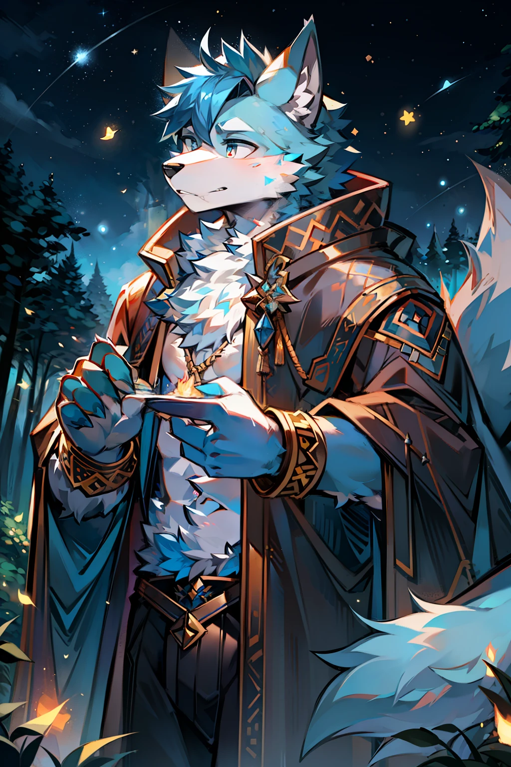 Wolf head,Wolf tail,Male,musculature,Raised sexy,Full Body Hair,light blue hair,Light blue ears,White belly,Sky blue pupils,Melee Mage,Cloaked,The left hand wears a bracelet made of multicolored rope,Behind you is the starry sky,At the junction of meadows and forests, Hide behind trees,There are fireflies around