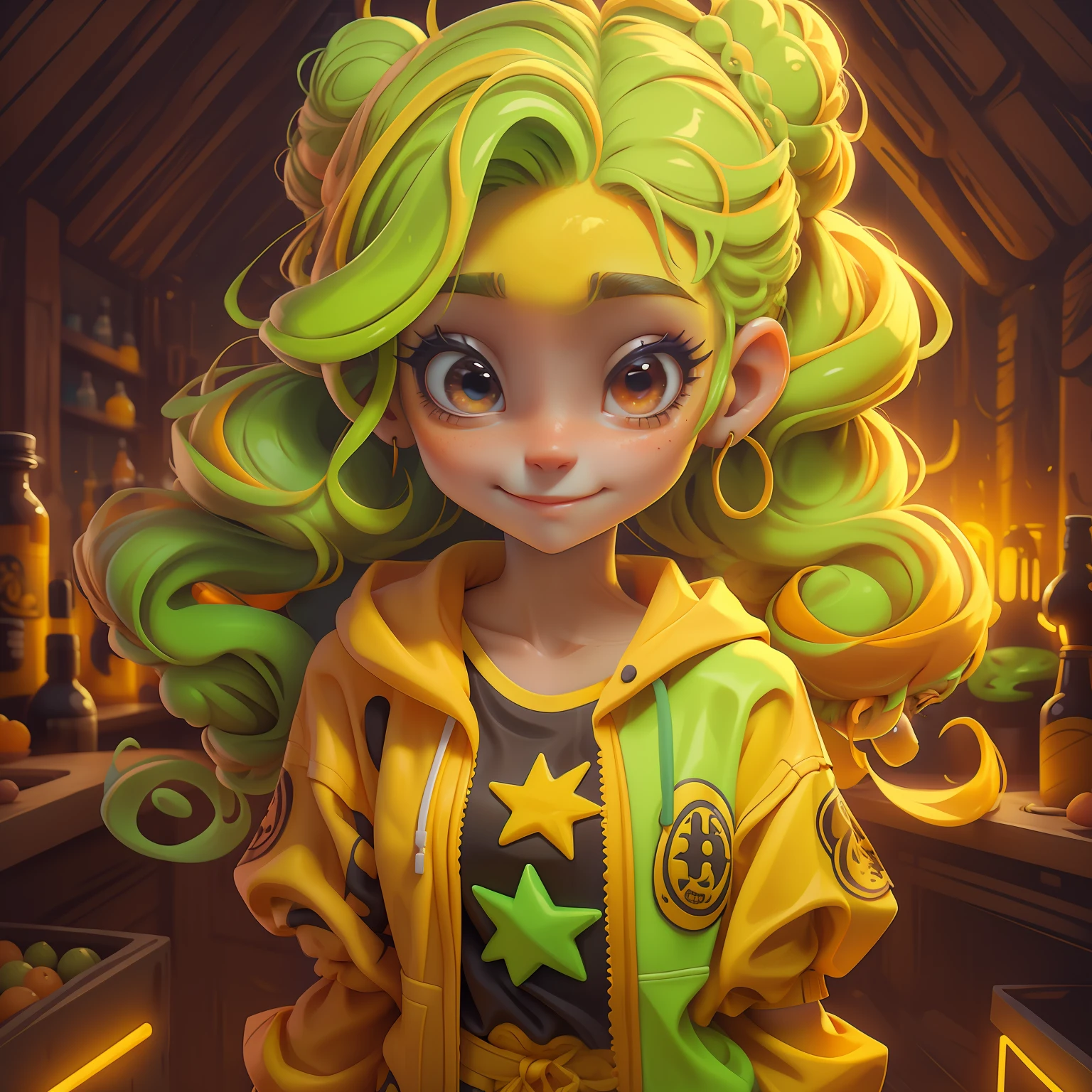 menina Lodo, (Lodo), Slime cabelo bun estilo de cabelo, Laranja de Portland, roupas rave neon, master part, best quality