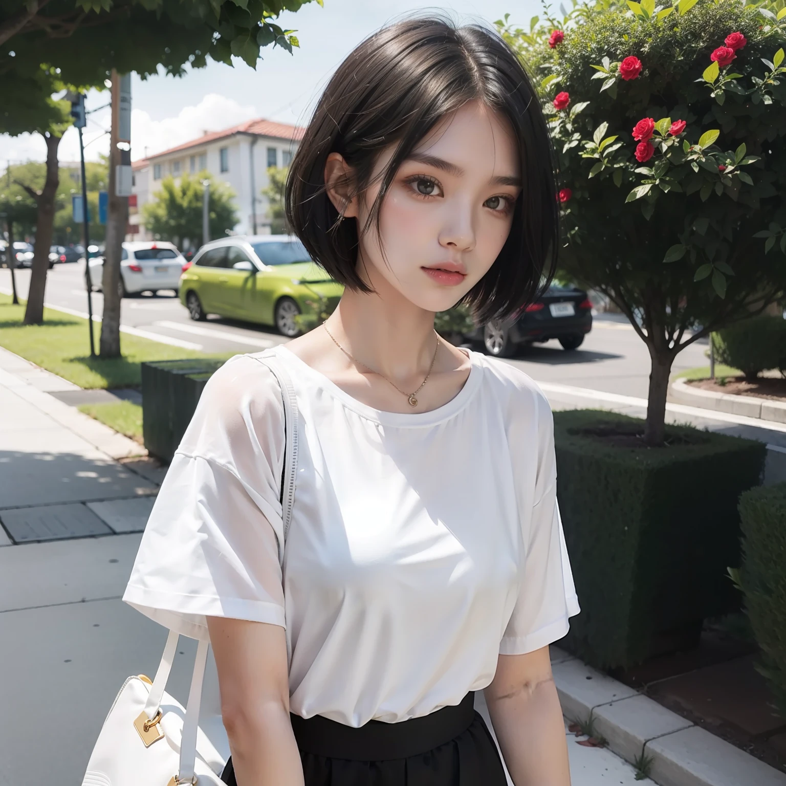 1girl,black hair,(red eyes),short hair,cool,white skin,white shirt,summer