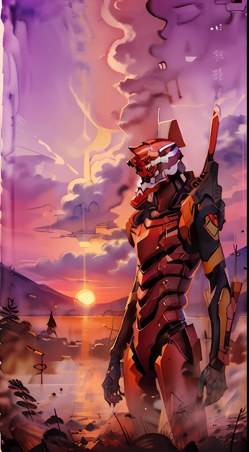 eva02,Stand up，Sunset background，watercolor paiting，style of anime，depth of fields，etchings，8K，最好质量