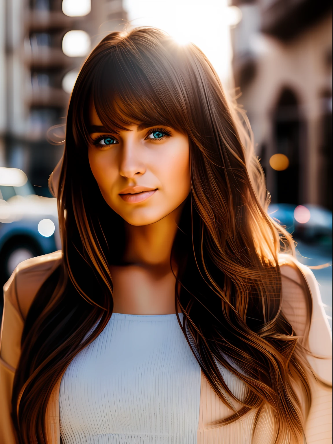 (masterpiece), realistic, (portrait of a woman), beautiful face, sunlight, cinematic light, bangs, a beautiful woman, beautiful eyes, messy windy light brown hair, perfect anatomy, insanely cute, princess eyes , beautiful woman standing next to a Jeep Wrangler with a big city alley as the background