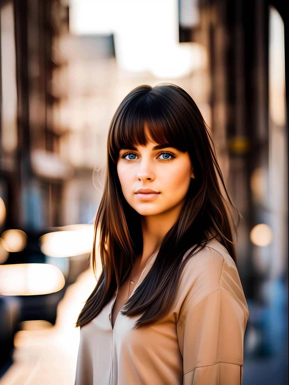 (masterpiece), realistic, (portrait of a woman), beautiful face, sunlight, cinematic light, bangs, a beautiful woman, beautiful eyes, messy windy light brown hair, perfect anatomy, insanely cute, princess eyes , beautiful woman standing next to a Jeep Wrangler with a big city alley as the background