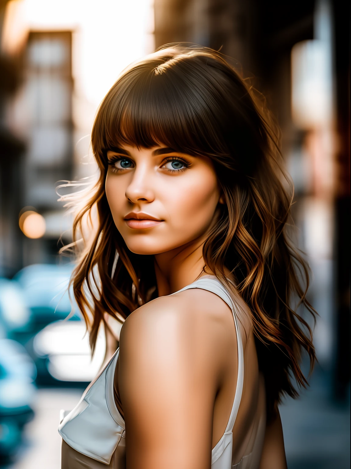 (masterpiece), realistic, (portrait of a woman), beautiful face, sunlight, cinematic light, bangs, a beautiful woman, beautiful eyes, messy windy light brown hair, perfect anatomy, insanely cute, princess eyes , beautiful woman standing next to a Jeep Wrangler with a big city alley as the background