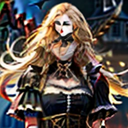 20 year old female,Luxurious beige Gothic costumes,nobles,Western,cabellos largos dorados,By bangs,Green eyes,with a determined look in his eyes,smiling at her lips,Rich families,The body has yellow scales,fight the enemy,poised to strike,The background is a Gothic Western European manor,((high quality))((high detail))4k((masterpiece))