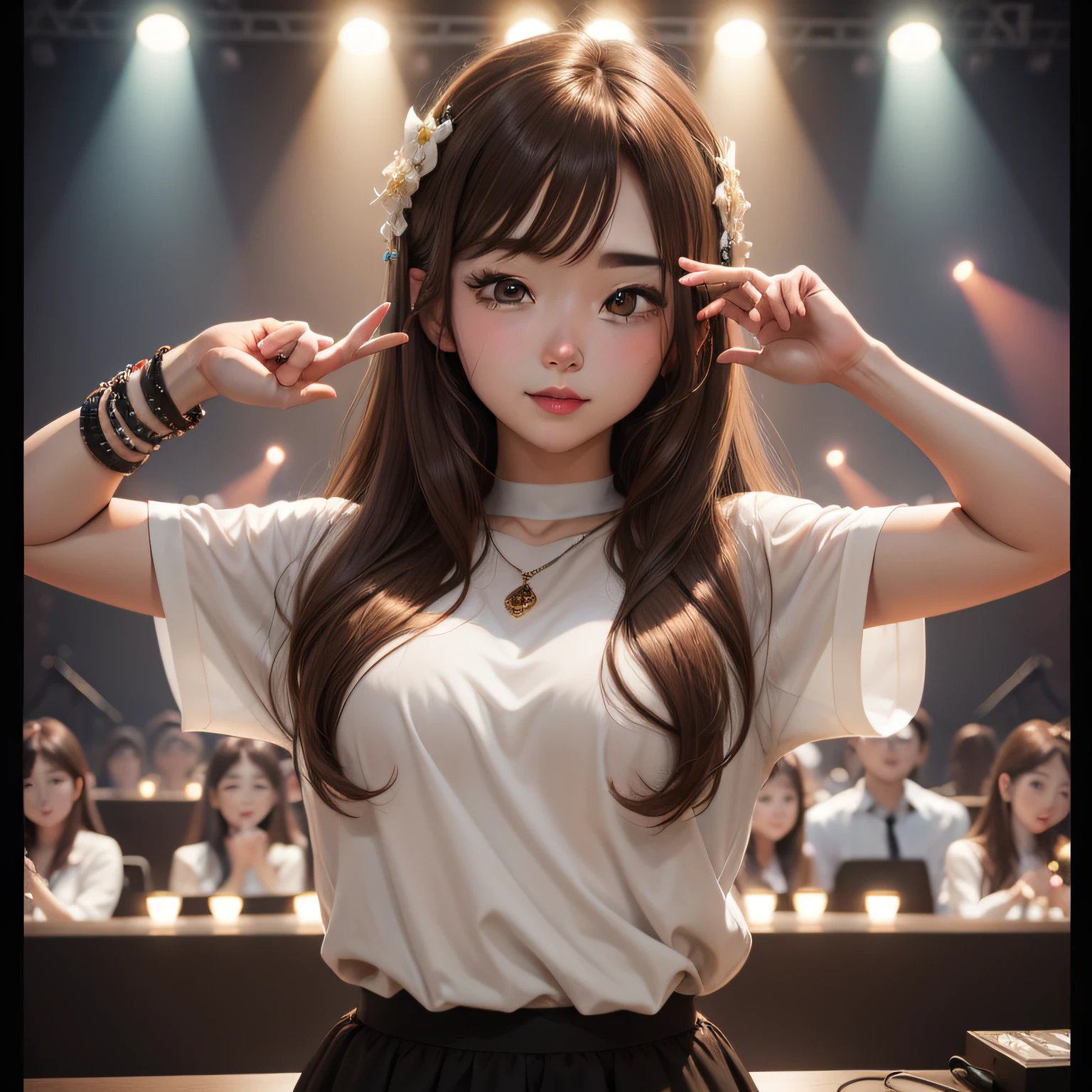 hightquality、masterpiece、live concert、Wave to fans、Brown hair、Long Straight、韓国アイドル、Positive vs. Bust Shots、Looking at the camera