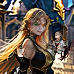 20 year old female,Luxurious beige Gothic costumes,nobles,Western,cabellos largos dorados,By bangs,Green eyes,with a determined look in his eyes,smiling at her lips,Rich families,The body has yellow scales,fight the enemy,poised to strike,The background is a Gothic Western European manor,((high quality))((high detail))4k((masterpiece))