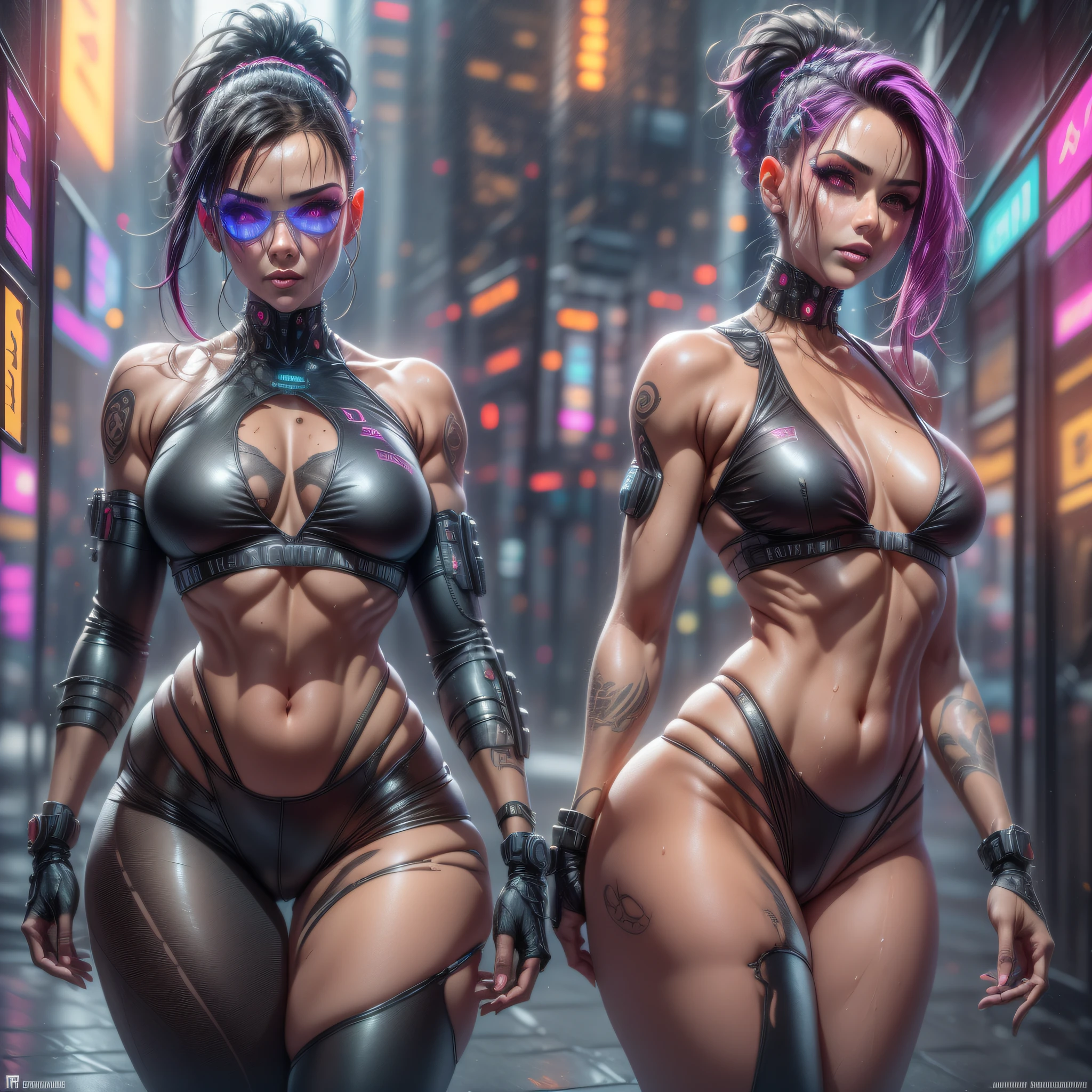 ((Best masterpiece in the world)), (2 Brazilian Women touching: 1.2), (extremely beautiful: 1.2), (full body), (front or back poses), ponytail hair, shaved hair on the side, razor scratch, random colored hair, perfect body, strawberry mouth, little open, beautiful eyes well detailed, makeup, perfect hands with 4 fingers and a thumb, buttocks that are full and rounded medially and on the side, Brazilian woman's ass trend, small and round breasts, (Protruding nipples and areolas), navel piercing, body tattoos, narrow waist, little tanned skin, ultra detailed skin with pores sights, small discolored hair on the body, bionic, leggings, thin and transparent mesh top, (transparent fabric and wet with sweat), see through the fabric, Cyber Punk style blouse, ((Cyber Punk Night City Metropolis background)), (outdoors: 1.2), neon, wet floor, fog, fire particles, neon rays, (Canan EOS R6), Artstation trend, Lumen lighting, Unreal 5, photorealism art, Ray Tracing, hdr10+, 8k resolution, surrealism, shadow, stereogram, Lens Flare light, (Hyper realistic light and shadow: 1.2);