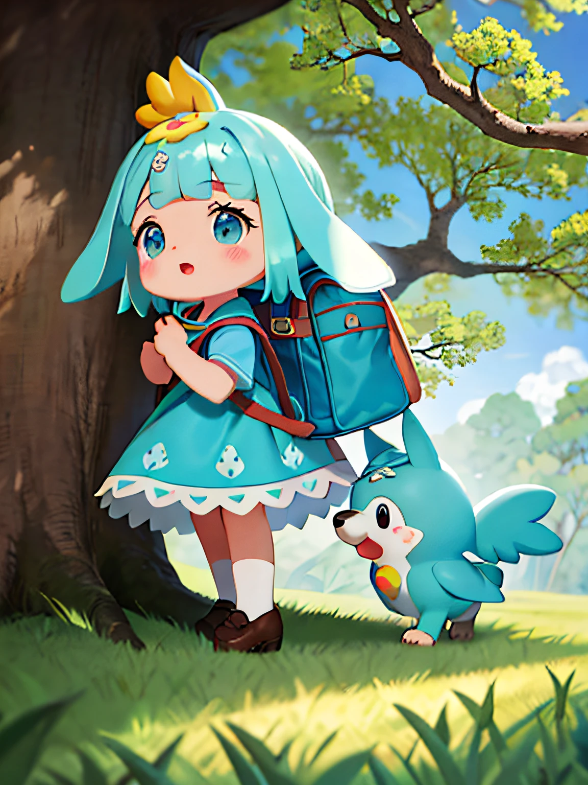 Uma rapaz com uma mochila e seu cachorrinho fofo desfrutando de um lindo passeio de outono com arvores e roxas na natureza. The illustration is a high definition illustration in 4K resolution with highly detailed facial features and cartoon style visuals.