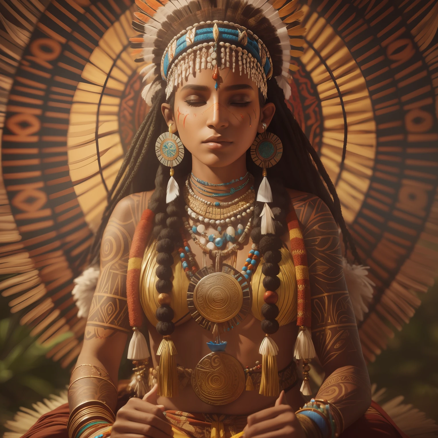 Arafed woman with headdress and feathers sitting in a meditation position, maia 8 mil, 3 d render of a shaman, she is dressed in shaman clothes, Sacerdotisa Maia, a young female shaman, epic 3 d yemaya, beautiful young female shaman, retrato vfx altamente detalhado de, unreal engine render + uma deusa, ayahuasca shaman