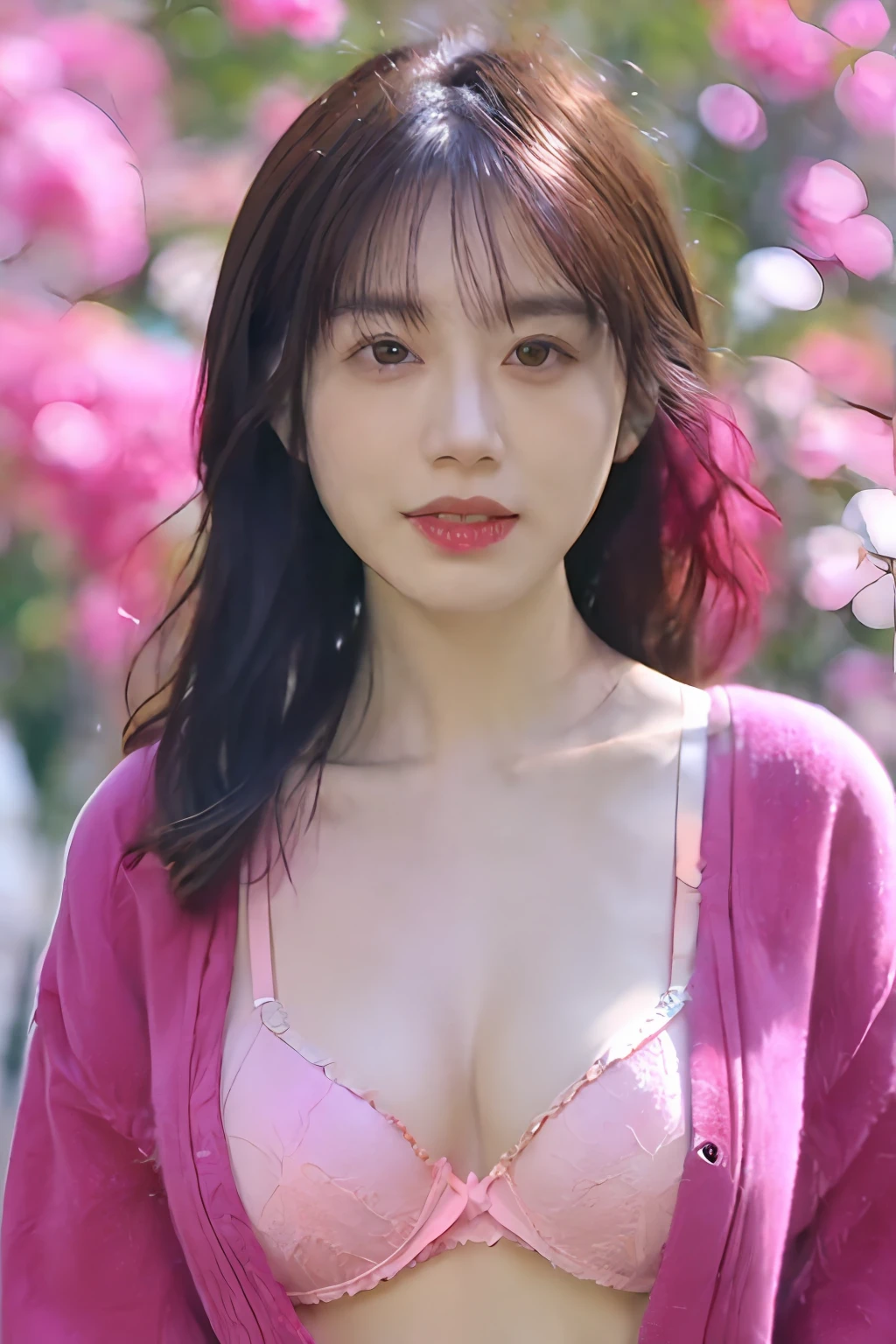 (highly detailed body, highly detailed face, best quality:1.2) ,A Woman, look at viewer, (Pink bra, Jeans), (Pink bougainvillea mess in background:1.4)