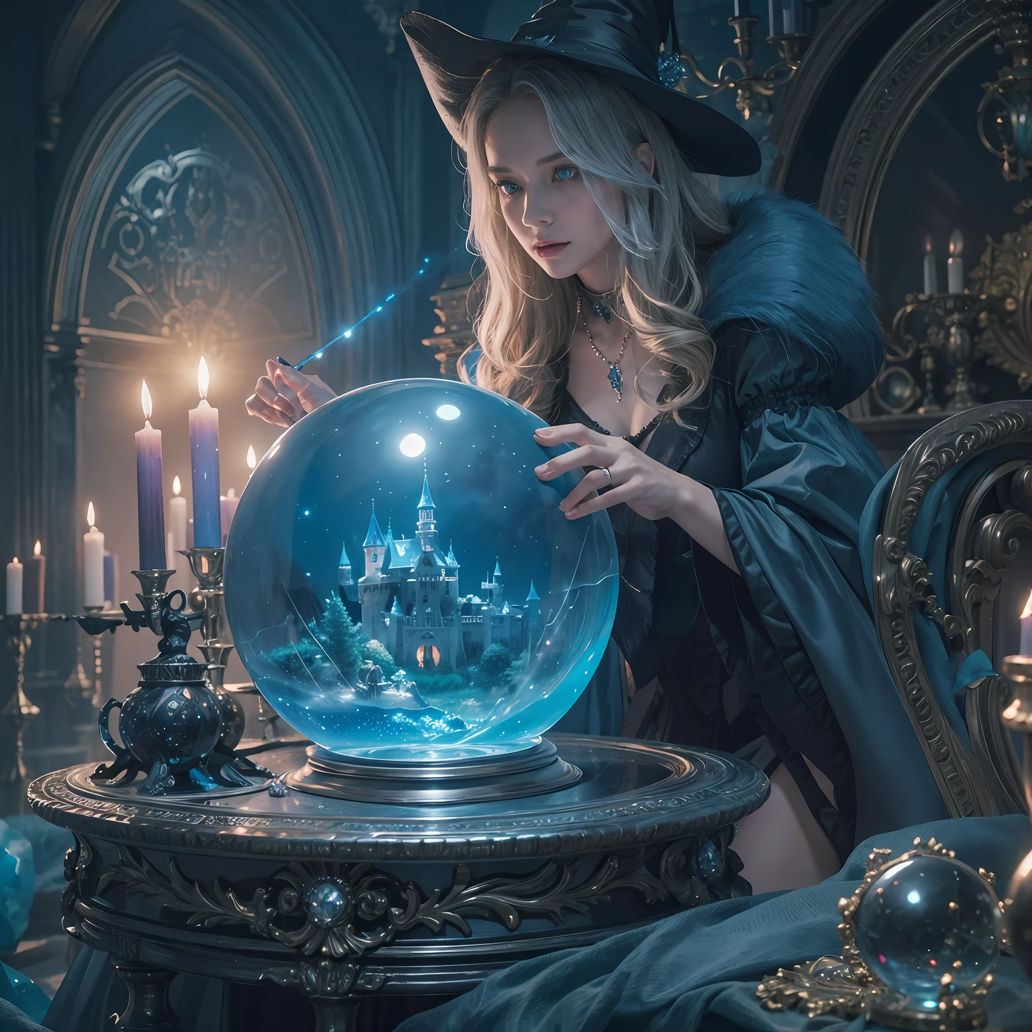 The evil witch casts magic on the Crystal ball in front of her. There is a castle in the Crystal ball. The witch's eyes are blue and surrounded by blue meteors,(Photorealistic,masterpiece,best quality,UHD,extremely detailed, Cinematic Lighting )