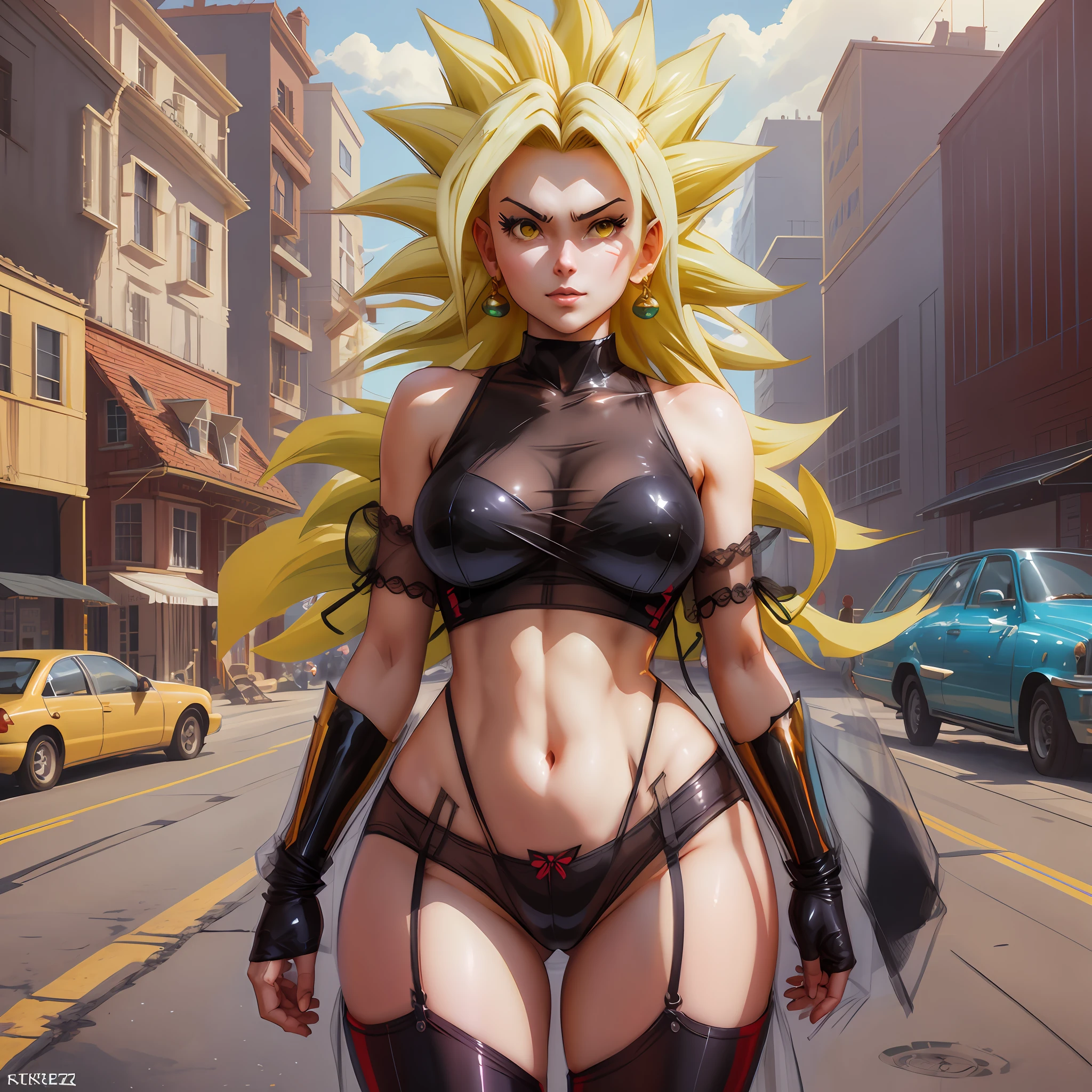 Chica de anime con cabello amarillo, Super Sayayin de pie en una zona rocosa, mujer super sayayin, anime,Krenz Cushart y Artgerm, Cushart Krenz Key Art Femenino, Cushart Kenz, WLOP y Krenz Cushart, inspirado por Krenz Cushart, Cudesexyrobutts, por Krenz Cushart, WLOP Rossdraw