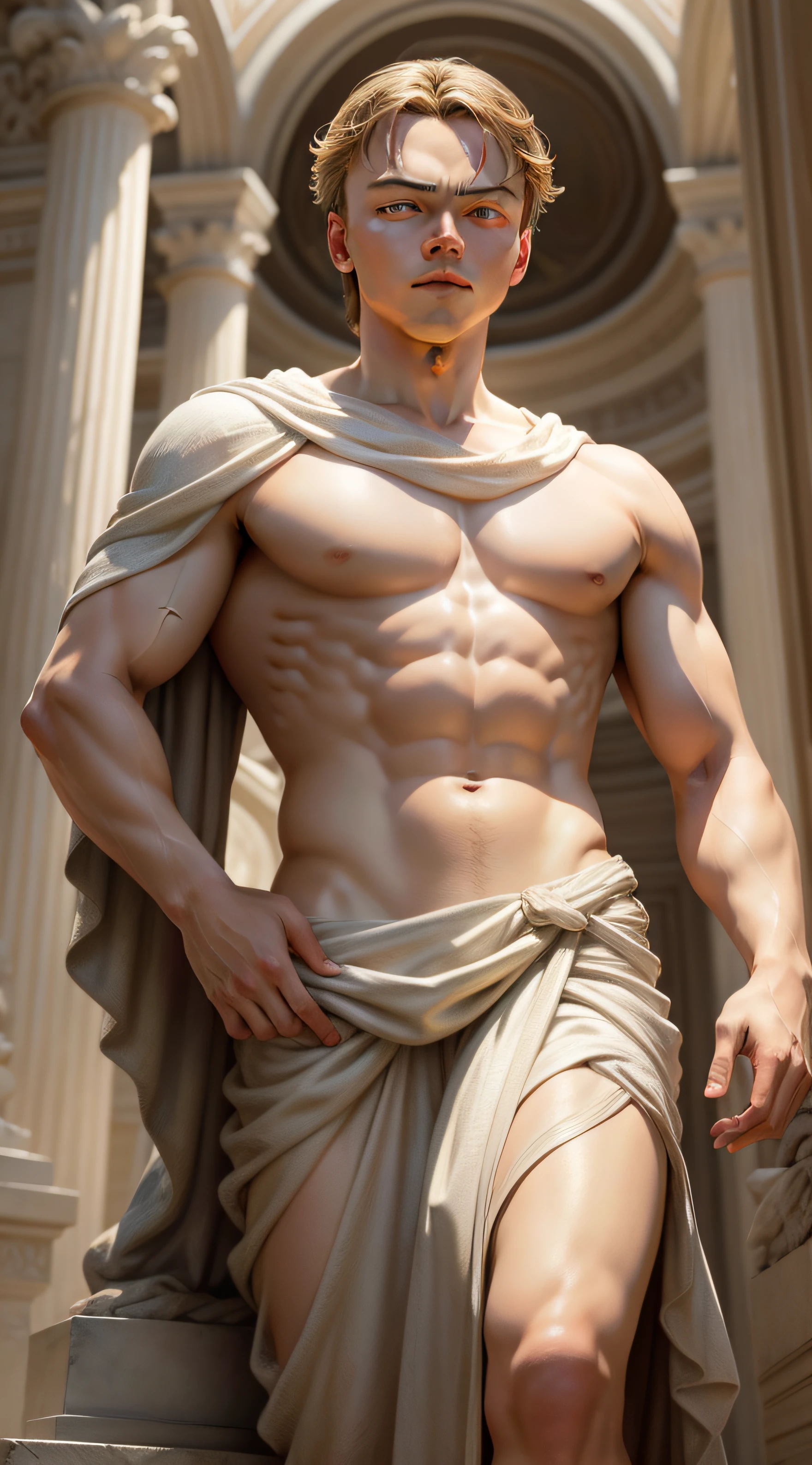 PORTRAIT, REALISTIC, PHOTOREALISTIC, Leonardo Di Caprio, like white stone marble figure, posing like famous ancient roman statues,