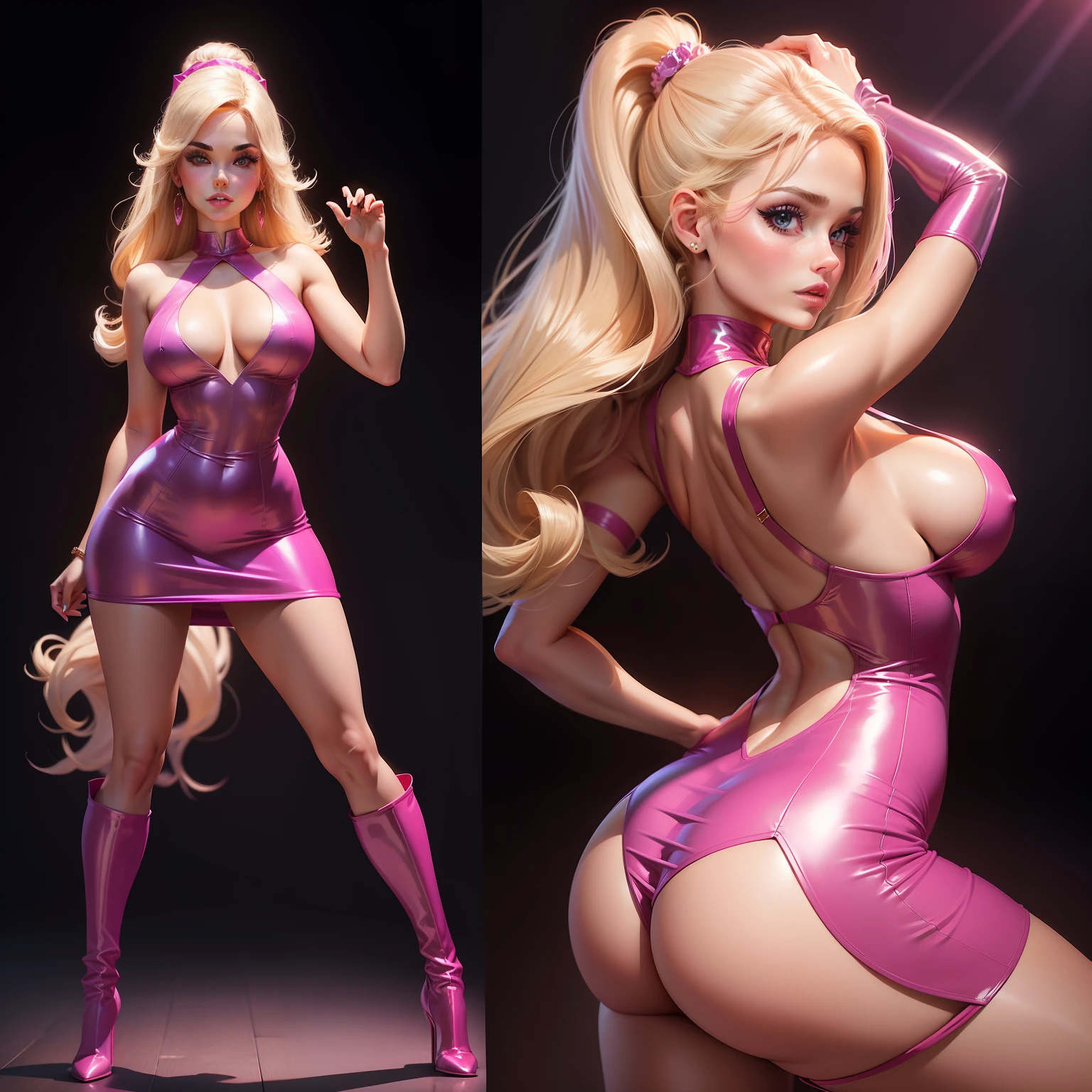 one woman, barbie, beautiful, posing, tight dress, dance floor, big butt, plunging neckline, sexy boots