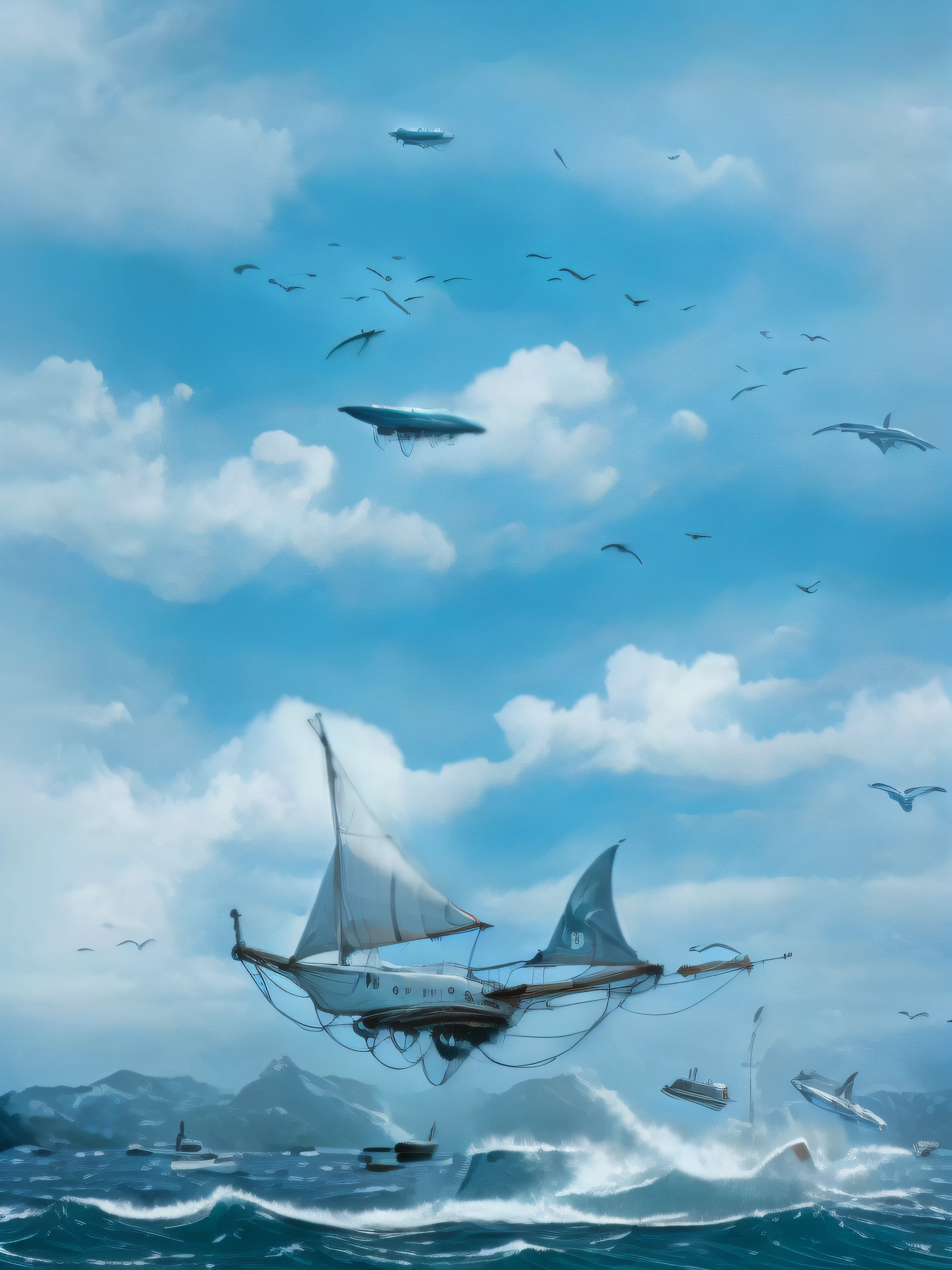 Futuristic super sailboat floating above the clouds surrounded by seagulls and hot air balloons and down the rough sea with a multitude of high waves and swimming sharks