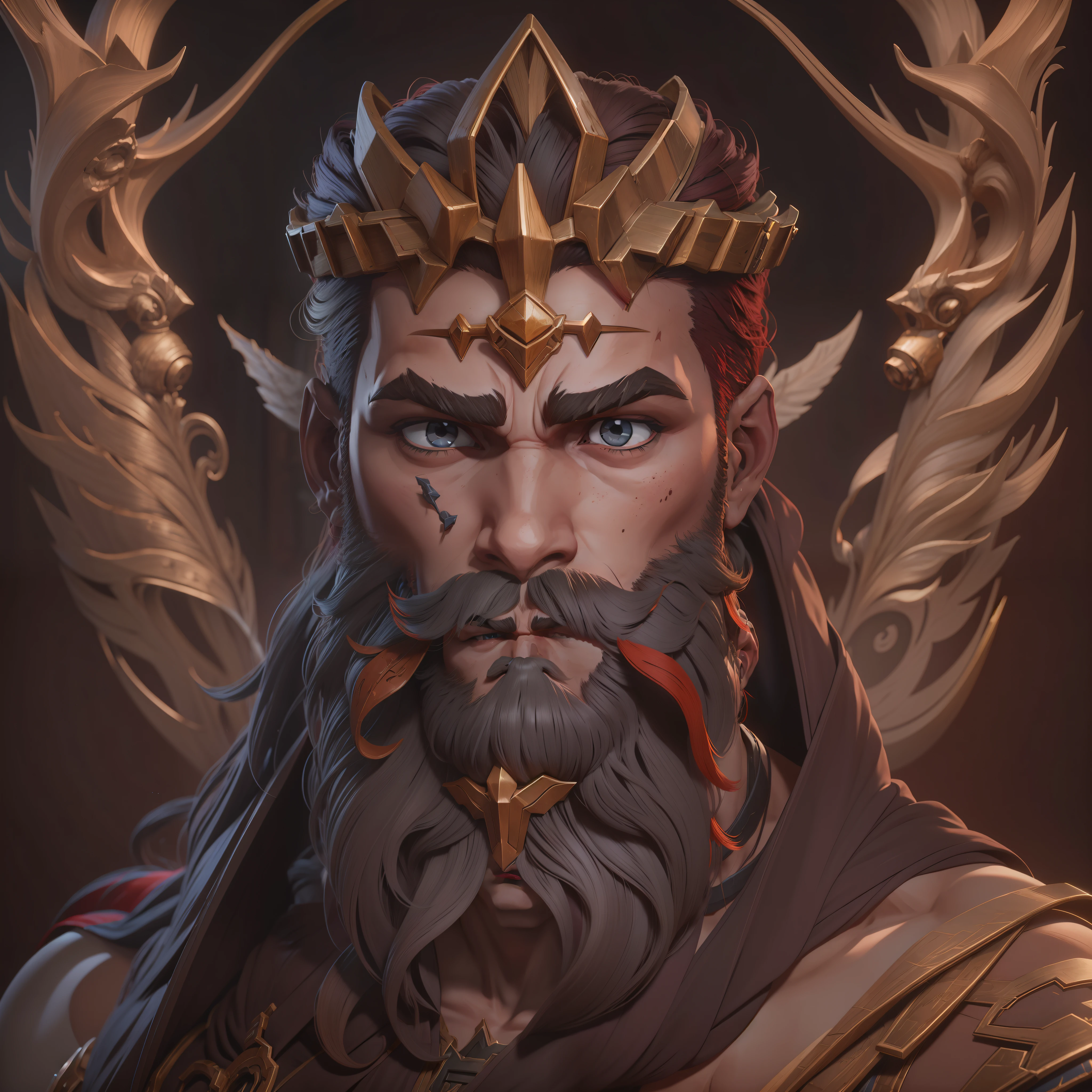 "(rei ruivo com coroa no estilo RPG, Cabelos Longos, barba ruiva no rosto, mythological figure) in very high quality, qualidade premium, Ultra Detalhado, ultra high-resolution, 4k".