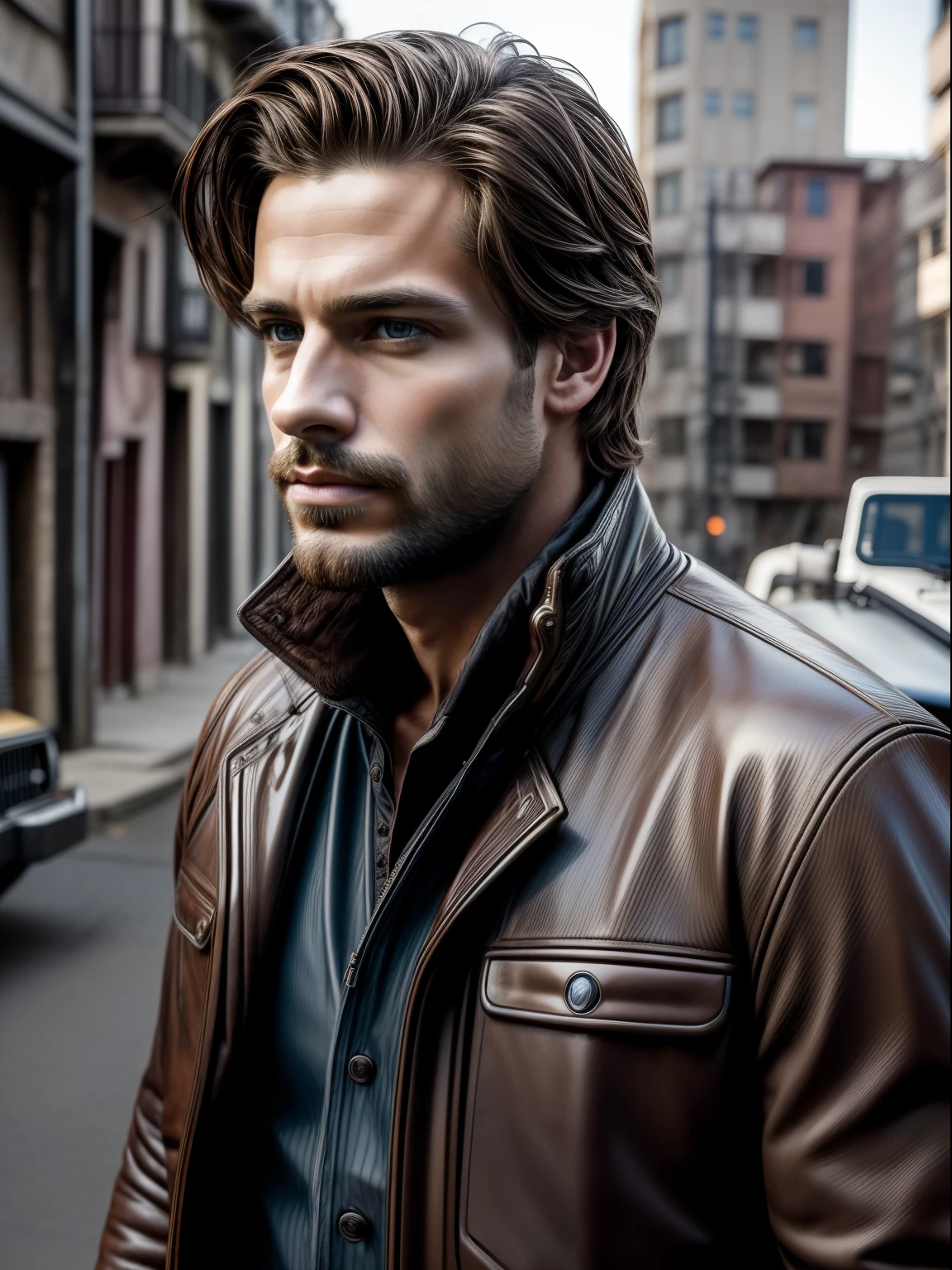 (masterpiece), realistic, (portrait of a man), handsome face, sunlight, cinematic light, a insanely handsome man, beautiful eyes, messy light brown hair, perfect anatomy, insanely cute, princeeyes , handsome man standing next to a Jeep Wrangler with a big city alley as the background