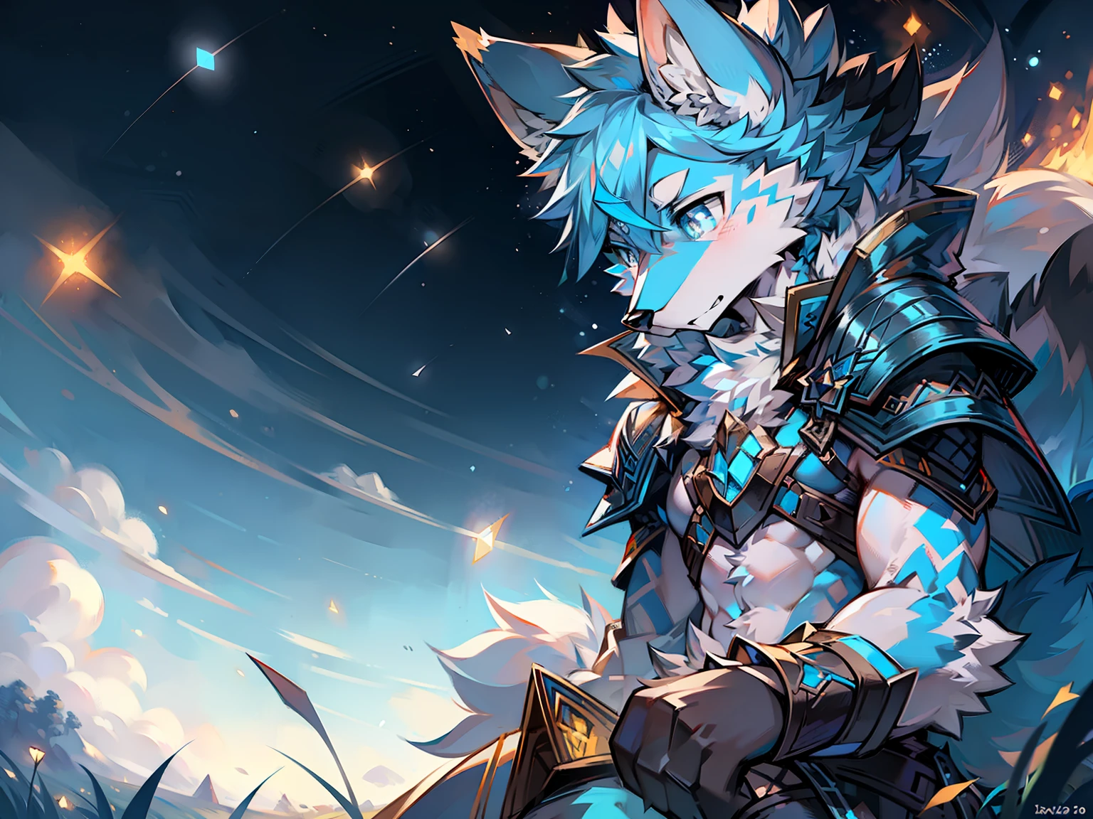 solo person，Wolf head，Wolf tail，male people，musculature，sexy
Light blue ears，Pale blue hair，White belly，Sky blue pupils，There is fur on the arms，There is fur on the legs，The whole body is covered with fur，being in the grassland，Behind it is a starry sky，Fireflies all around，Mage Light Armor，Melee Mage，sideface